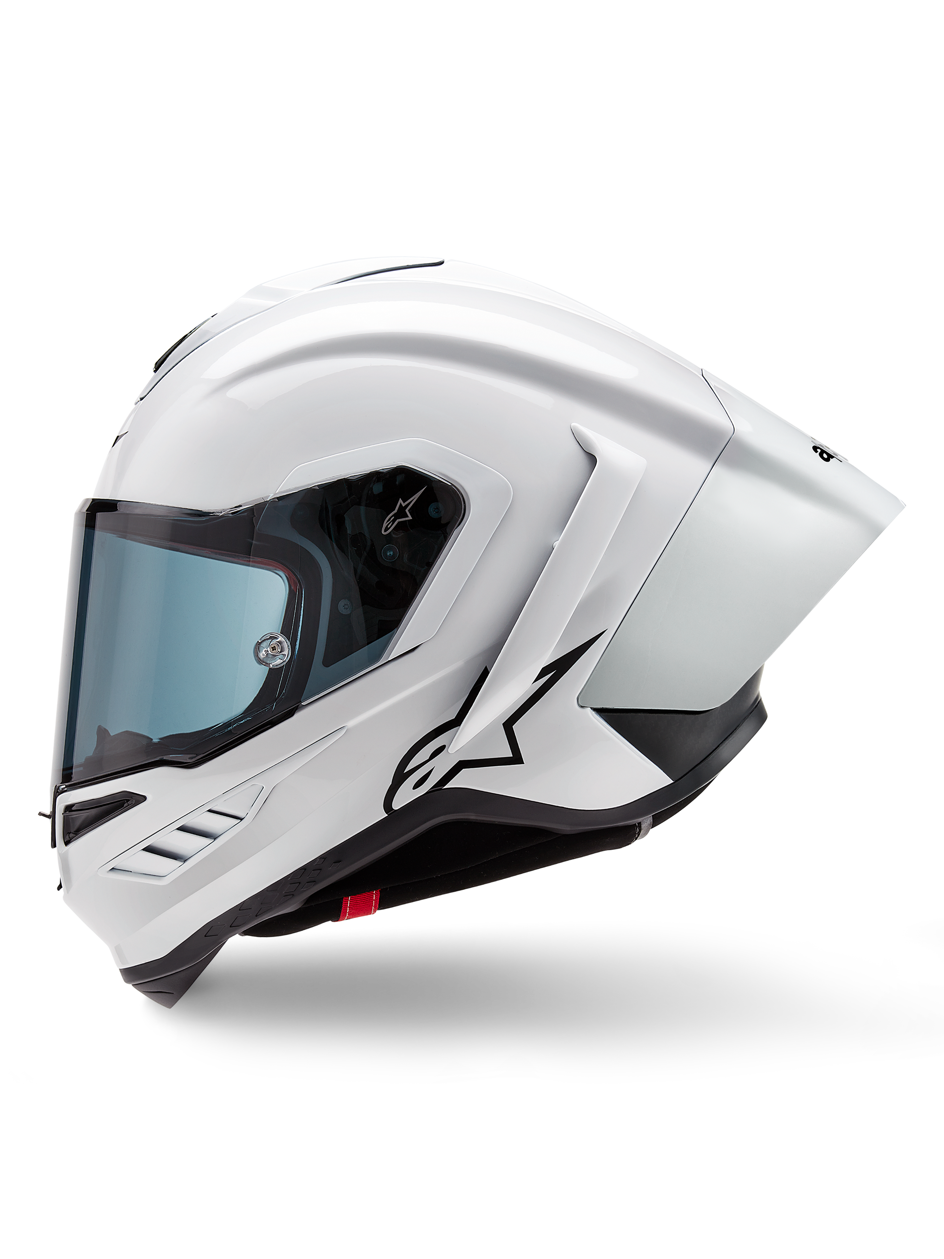 Kask Alpinestars Supertech R10 Solid, wyścigowy kask integralny, biały błyszczący i czarny matowy, widok z boku ze zintegrowanym spoilerem aerodynamicznym i przyciemnianym wizjerem, z czarnym logo gwiazdy Alpinestars.