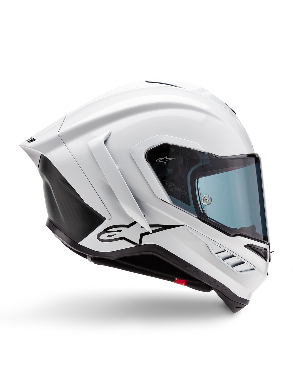 Alpinestars Supertech R10 Solid Helmet, wyścigowy kask motocyklowy, biały połysk i czarny mat, profil boczny, aerodynamiczny design z tylnymi skrzydełkami i bocznymi wlotami powietrza, niebieski przyciemniany wizjer, czarne logo gwiazdy Alpinestars na boku