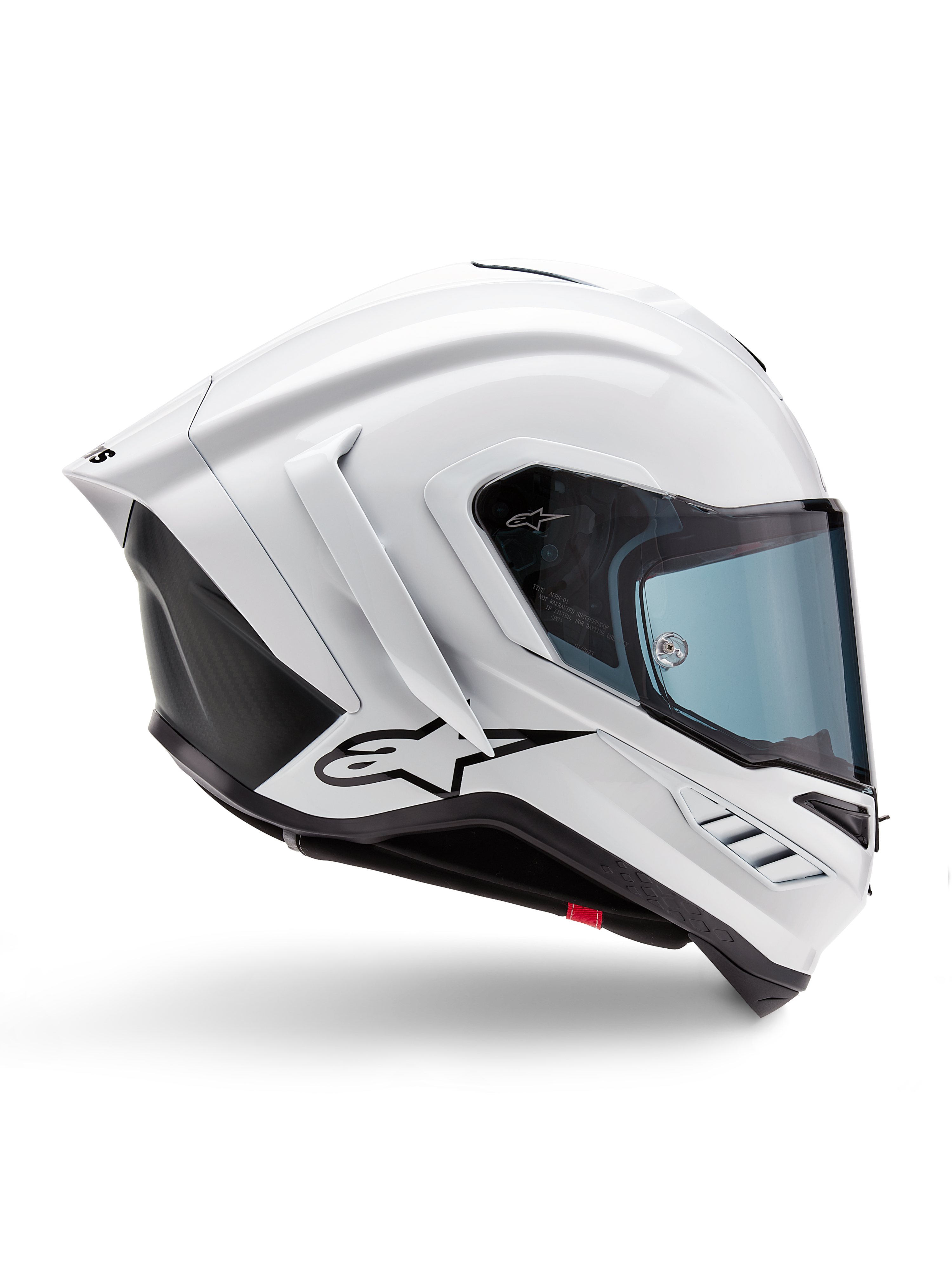 Alpinestars Supertech R10 Solid Helmet, wyścigowy kask motocyklowy, biały połysk i czarny mat, profil boczny, aerodynamiczny design z tylnymi skrzydełkami i bocznymi wlotami powietrza, niebieski przyciemniany wizjer, czarne logo gwiazdy Alpinestars na boku