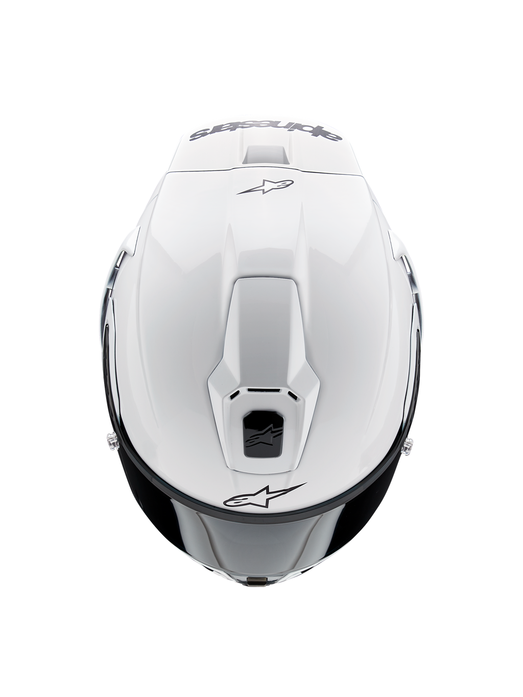 Kask Alpinestars Supertech R10 Solid, motocyklowy kask integralny, biały połysk, widok z góry podkreślający otwory wentylacyjne i czarne logo Alpinestars, smukły profil inspirowany wyścigami