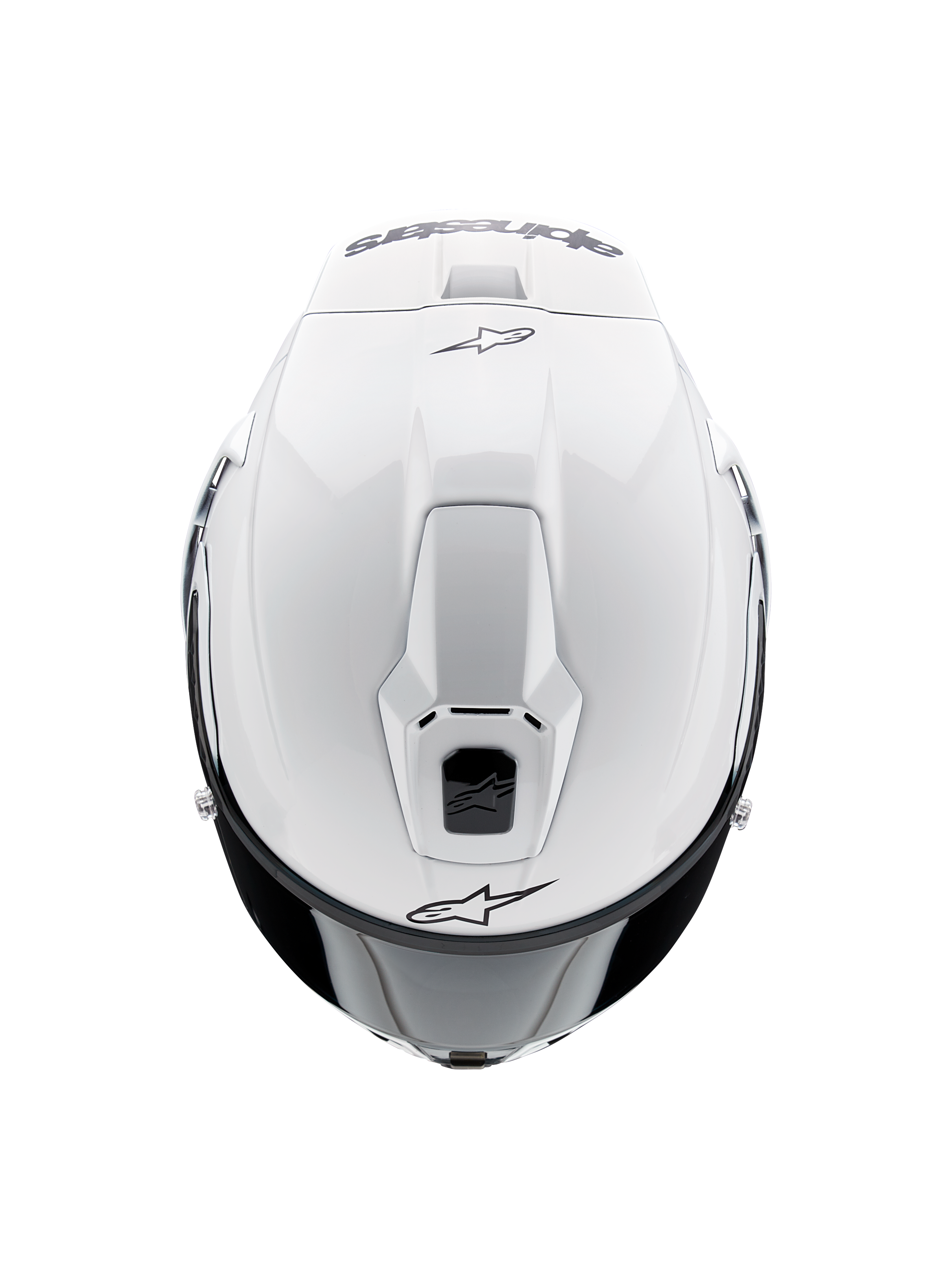 Kask Alpinestars Supertech R10 Solid, motocyklowy kask integralny, biały połysk, widok z góry podkreślający otwory wentylacyjne i czarne logo Alpinestars, smukły profil inspirowany wyścigami