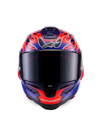 Alpinestars Supertech R10 Limited Edition Flyte Helmet, full-face racing helmet, front view, purple and orange flame motif, dark smoke visor, aerodynamic design for high-performance riding