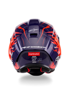 Rear view of the Alpinestars Supertech R10 Limited Edition Flyte Helmet, featuring a dark purple glossy shell with vibrant orange flame graphics, white Alpinestars branding, and the 'martinator' logo on the back.