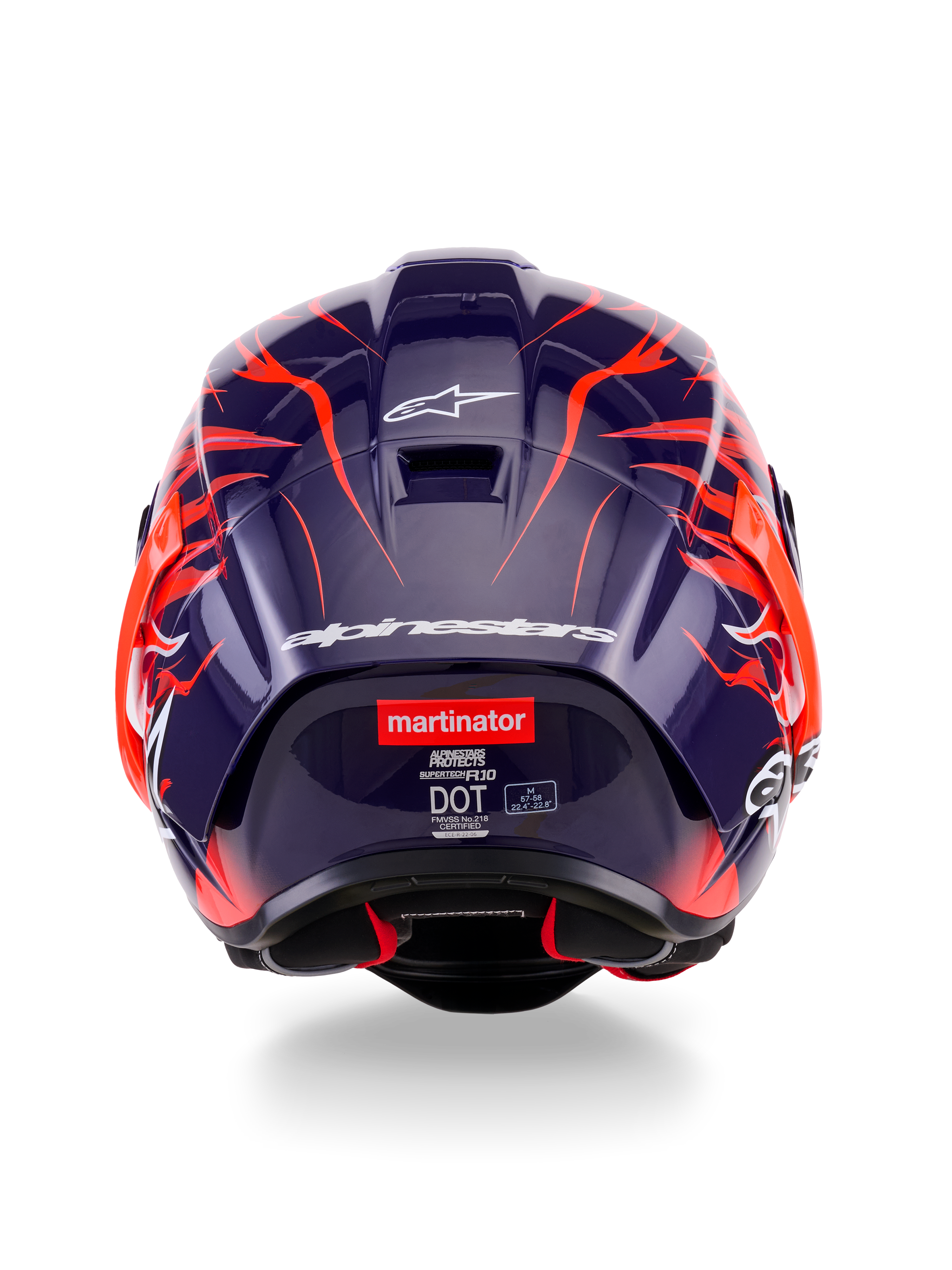 Rear view of the Alpinestars Supertech R10 Limited Edition Flyte Helmet, featuring a dark purple glossy shell with vibrant orange flame graphics, white Alpinestars branding, and the 'martinator' logo on the back.