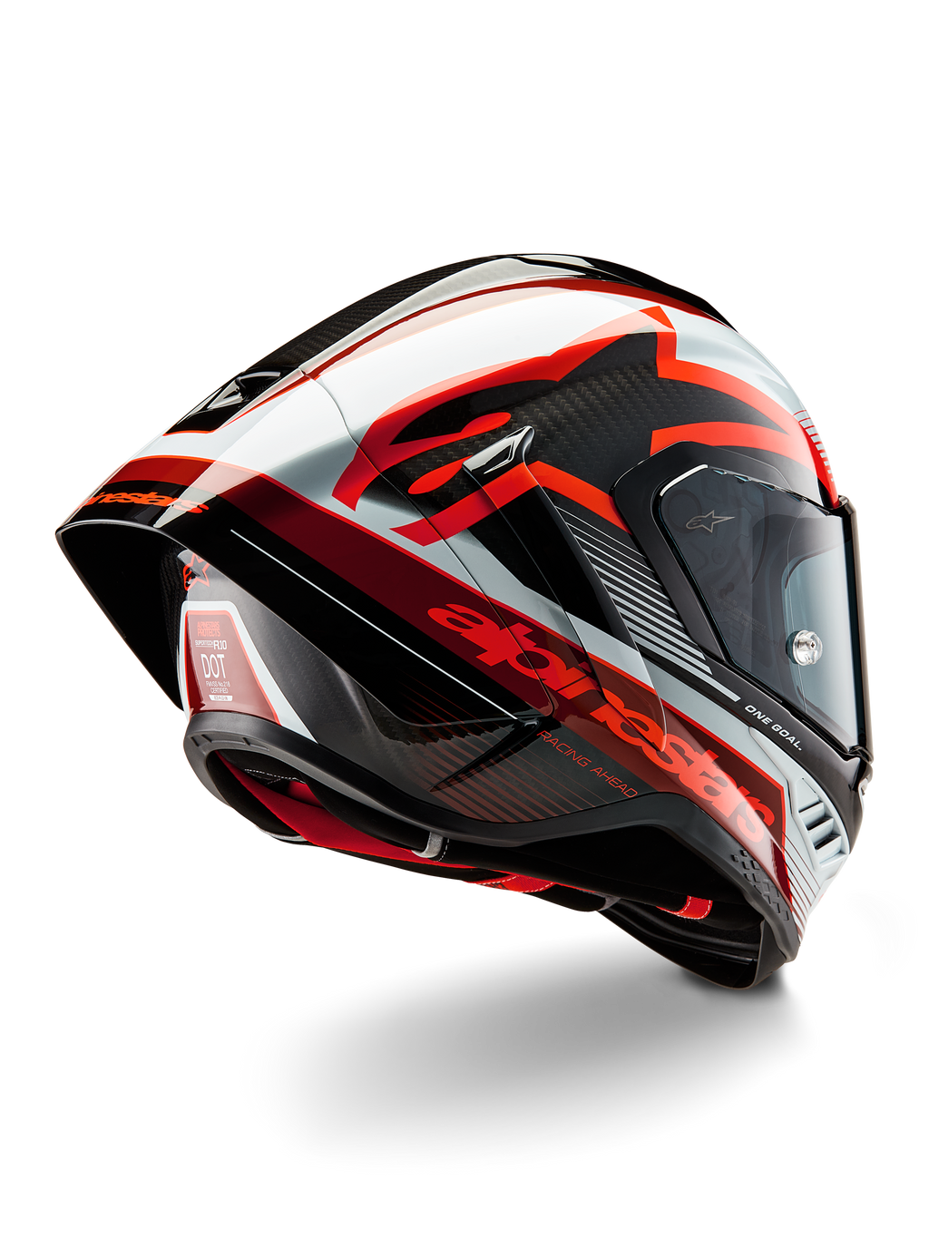 Alpinestars Supertech R10 Team Helmet, kask wyścigowy typu full-face, czarny karbon, czerwony i biały w połysku, aerodynamiczny design z tylnym spojlerem i widoczną teksturą włókna węglowego, z wyrazistym logo Alpinestars i certyfikatem DOT
