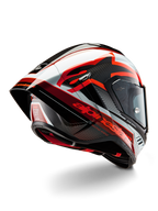 Alpinestars Supertech R10 Team Helmet, kask wyścigowy typu full-face, czarny karbon, czerwony i biały w połysku, aerodynamiczny design z tylnym spojlerem i widoczną teksturą włókna węglowego, z wyrazistym logo Alpinestars i certyfikatem DOT