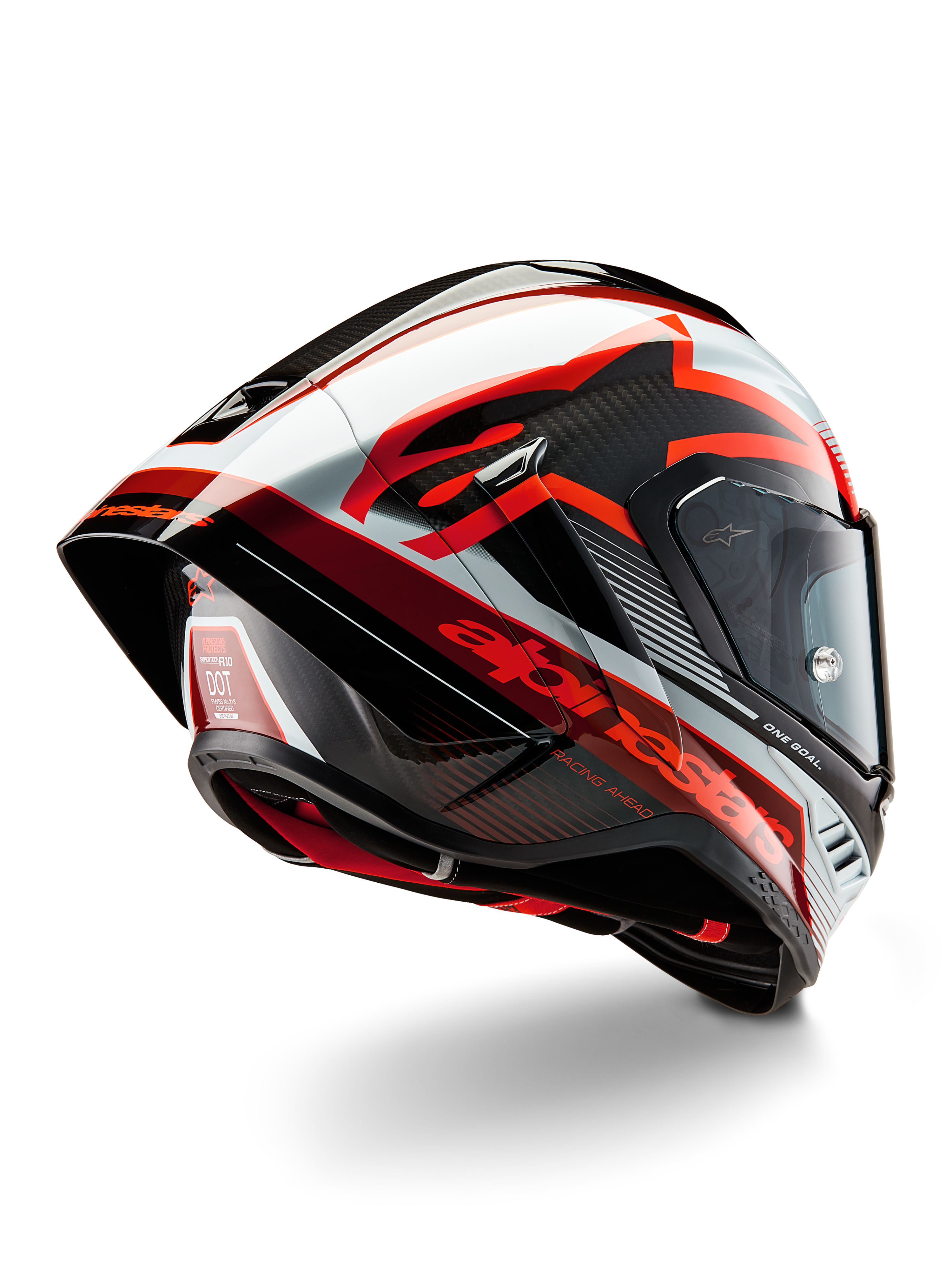 Alpinestars Supertech R10 Team Helmet, kask wyścigowy typu full-face, czarny karbon, czerwony i biały w połysku, aerodynamiczny design z tylnym spojlerem i widoczną teksturą włókna węglowego, z wyrazistym logo Alpinestars i certyfikatem DOT