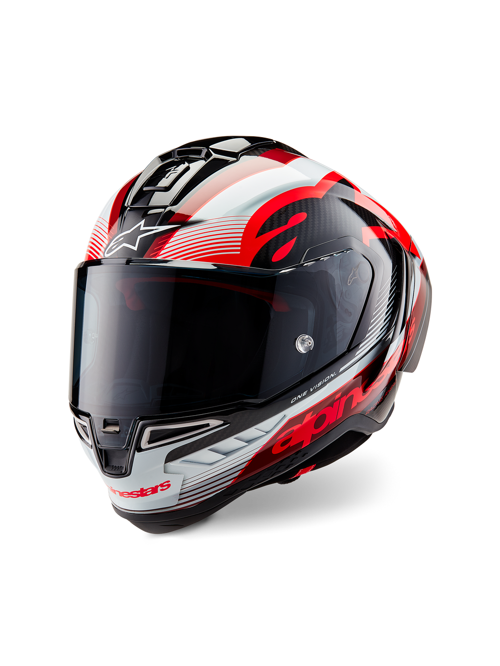 Kask Alpinestars Supertech R10 Team, kask motocyklowy integralny, błyszczące czarne włókno węglowe z czerwono-białymi grafikami, aerodynamiczna skorupa, z wyraźnym brandingiem Alpinestars i przyciemnianym wizjerem