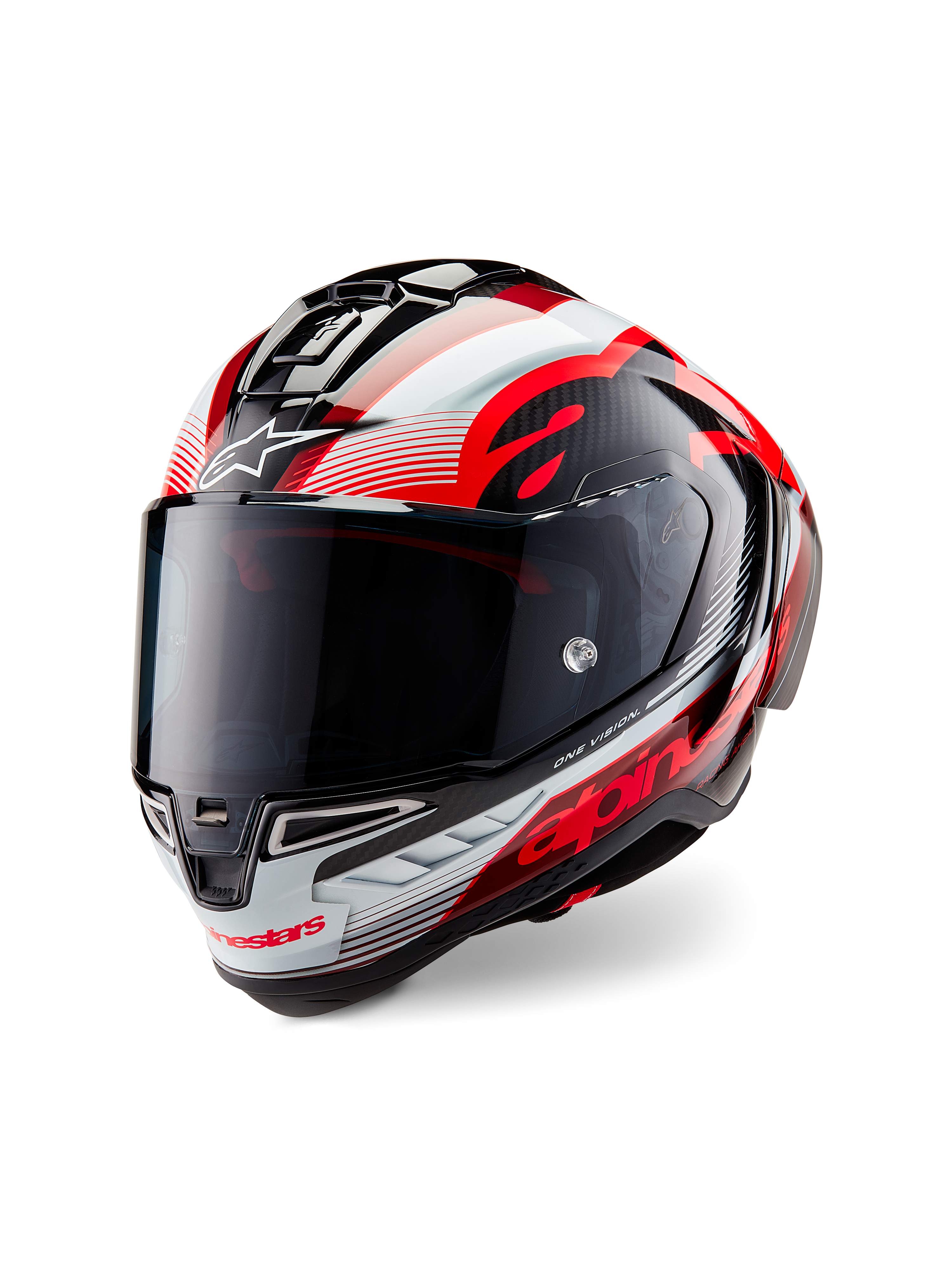 Kask Alpinestars Supertech R10 Team, kask motocyklowy integralny, błyszczące czarne włókno węglowe z czerwono-białymi grafikami, aerodynamiczna skorupa, z wyraźnym brandingiem Alpinestars i przyciemnianym wizjerem