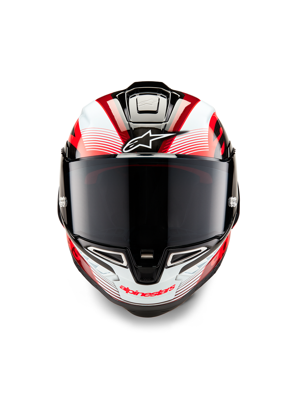 Kask Alpinestars Supertech R10 Team, widok z przodu, czarny karbon, czerwony i biały połysk, z ciemnym dymionym wizjerem, białe logo Astar na czole, czerwone napisy Alpinestars na szczęce, aerodynamiczna konstrukcja wyścigowa z misterną grafiką