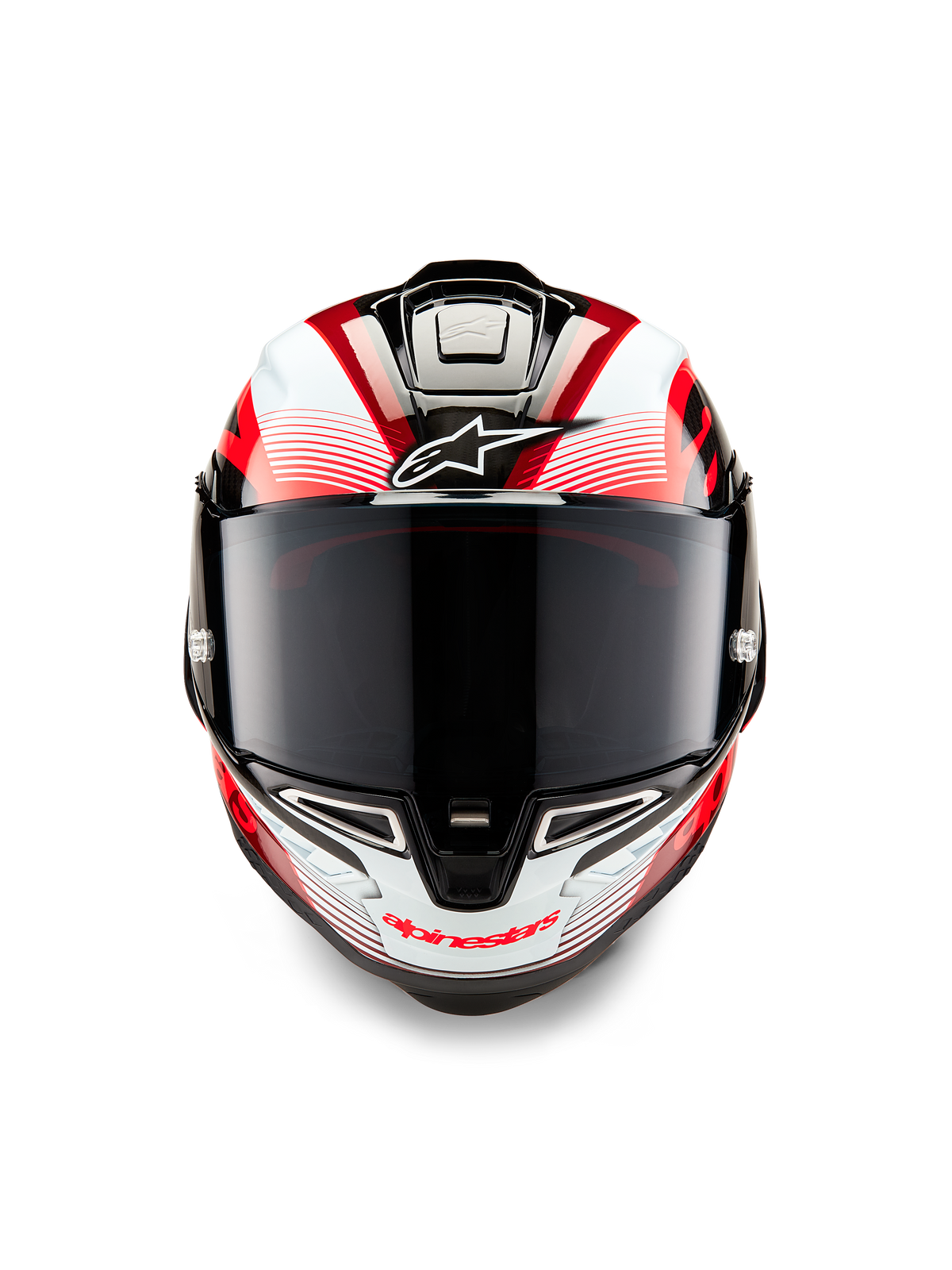 Kask Alpinestars Supertech R10 Team, widok z przodu, czarny karbon, czerwony i biały połysk, z ciemnym dymionym wizjerem, białe logo Astar na czole, czerwone napisy Alpinestars na szczęce, aerodynamiczna konstrukcja wyścigowa z misterną grafiką