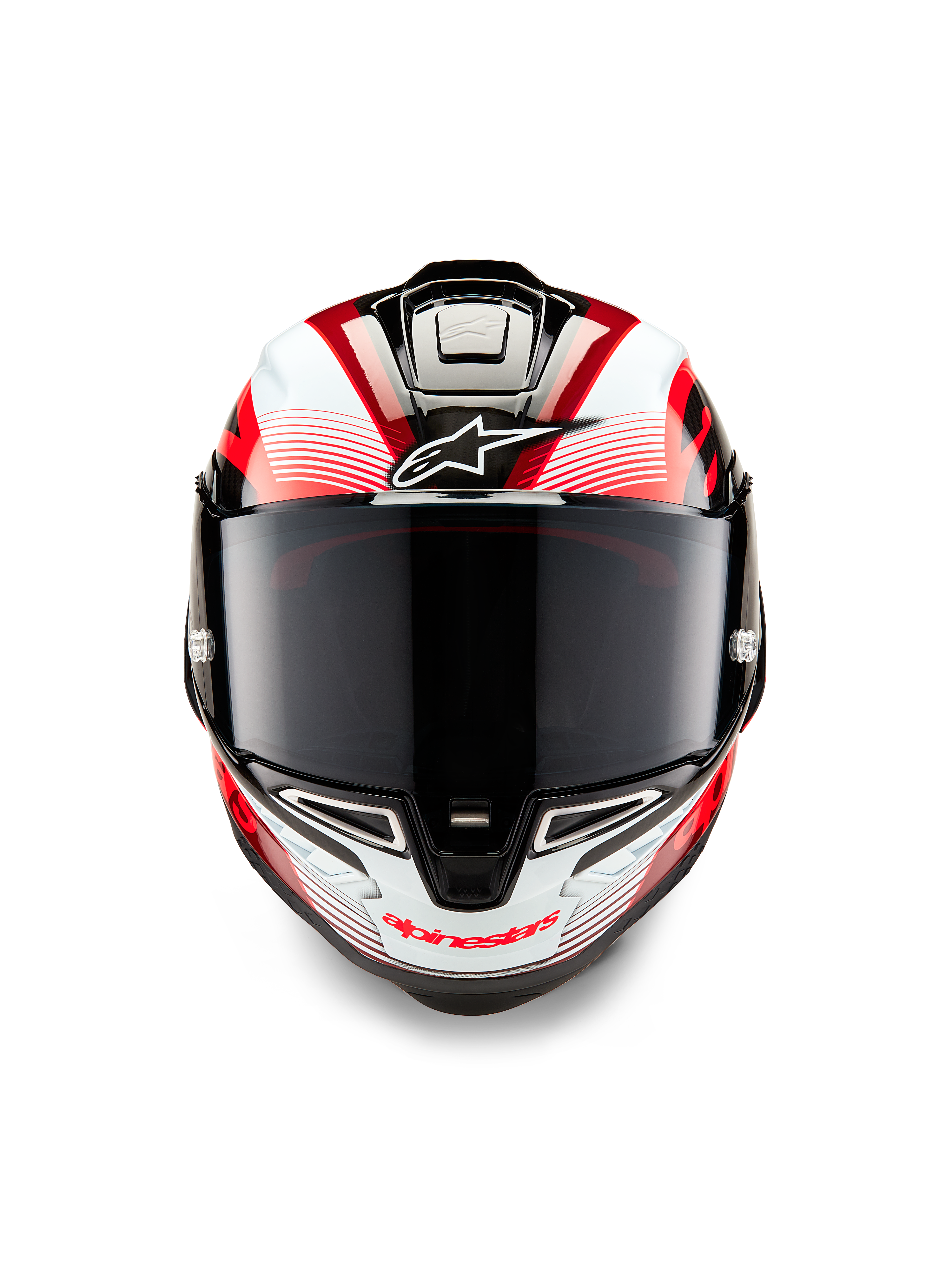 Kask Alpinestars Supertech R10 Team, widok z przodu, czarny karbon, czerwony i biały połysk, z ciemnym dymionym wizjerem, białe logo Astar na czole, czerwone napisy Alpinestars na szczęce, aerodynamiczna konstrukcja wyścigowa z misterną grafiką