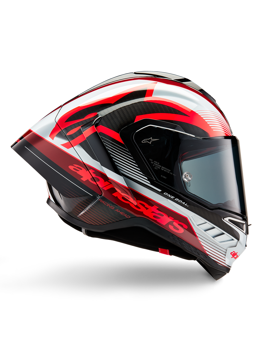 Kask Alpinestars Supertech R10 Team, wyścigowy kask motocyklowy, czarny karbon z czerwono-białą błyszczącą grafiką, aerodynamiczny widok z profilu z ciemnym wizjerem, detale z włókna węglowego i wyraziste czerwone logo, wysokiej klasy sprzęt wyścigowy