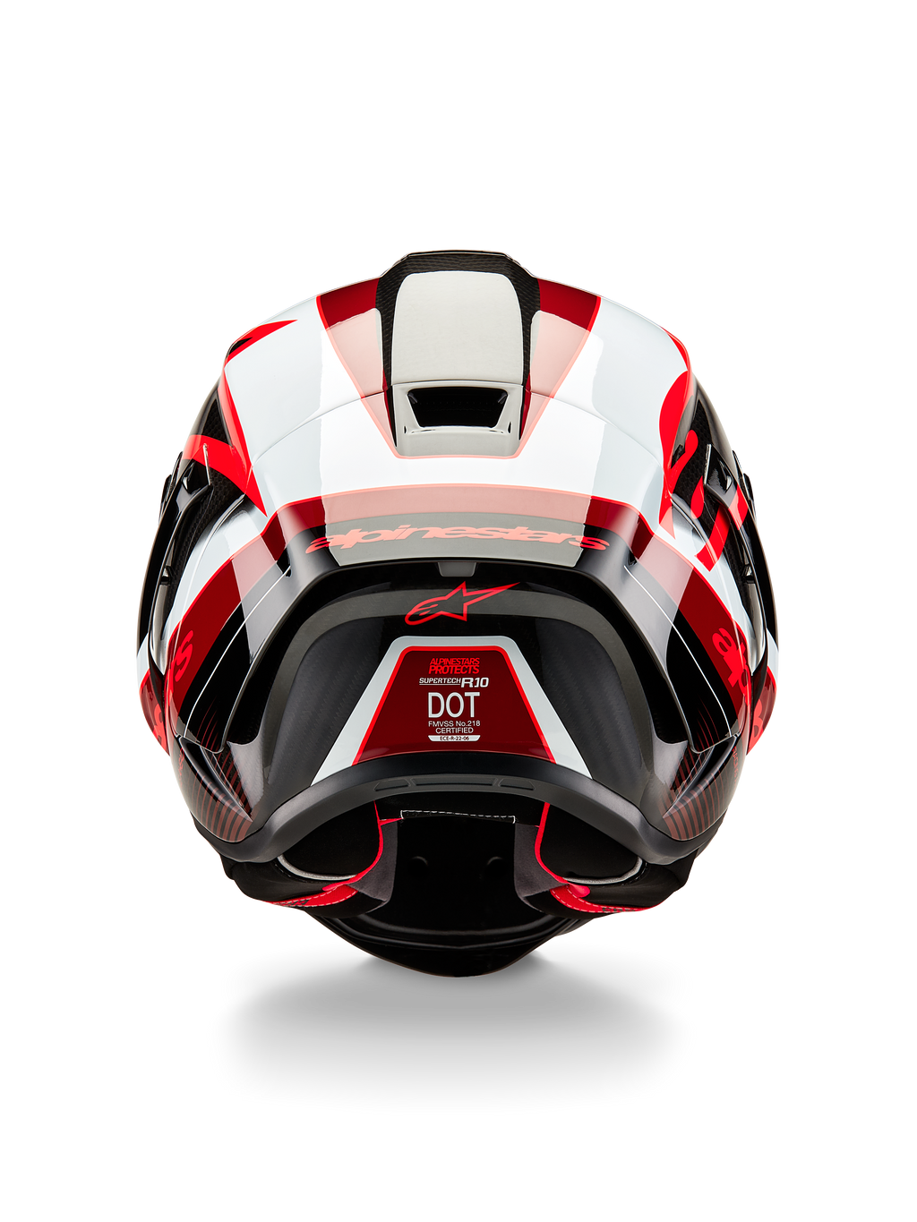 Kask Alpinestars Supertech R10 Team, widok z tyłu, czarny karbon, czerwony i biały połysk, aerodynamiczny design skorupy z wyrazistymi czerwonymi i białymi panelami, branding Alpinestars na spojlerze i czerwone logo gwiazdy, profesjonalny wyścigowy kask motocyklowy