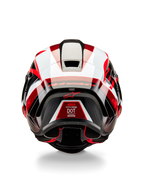 Kask Alpinestars Supertech R10 Team, widok z tyłu, czarny karbon, czerwony i biały połysk, aerodynamiczny design skorupy z wyrazistymi czerwonymi i białymi panelami, branding Alpinestars na spojlerze i czerwone logo gwiazdy, profesjonalny wyścigowy kask motocyklowy