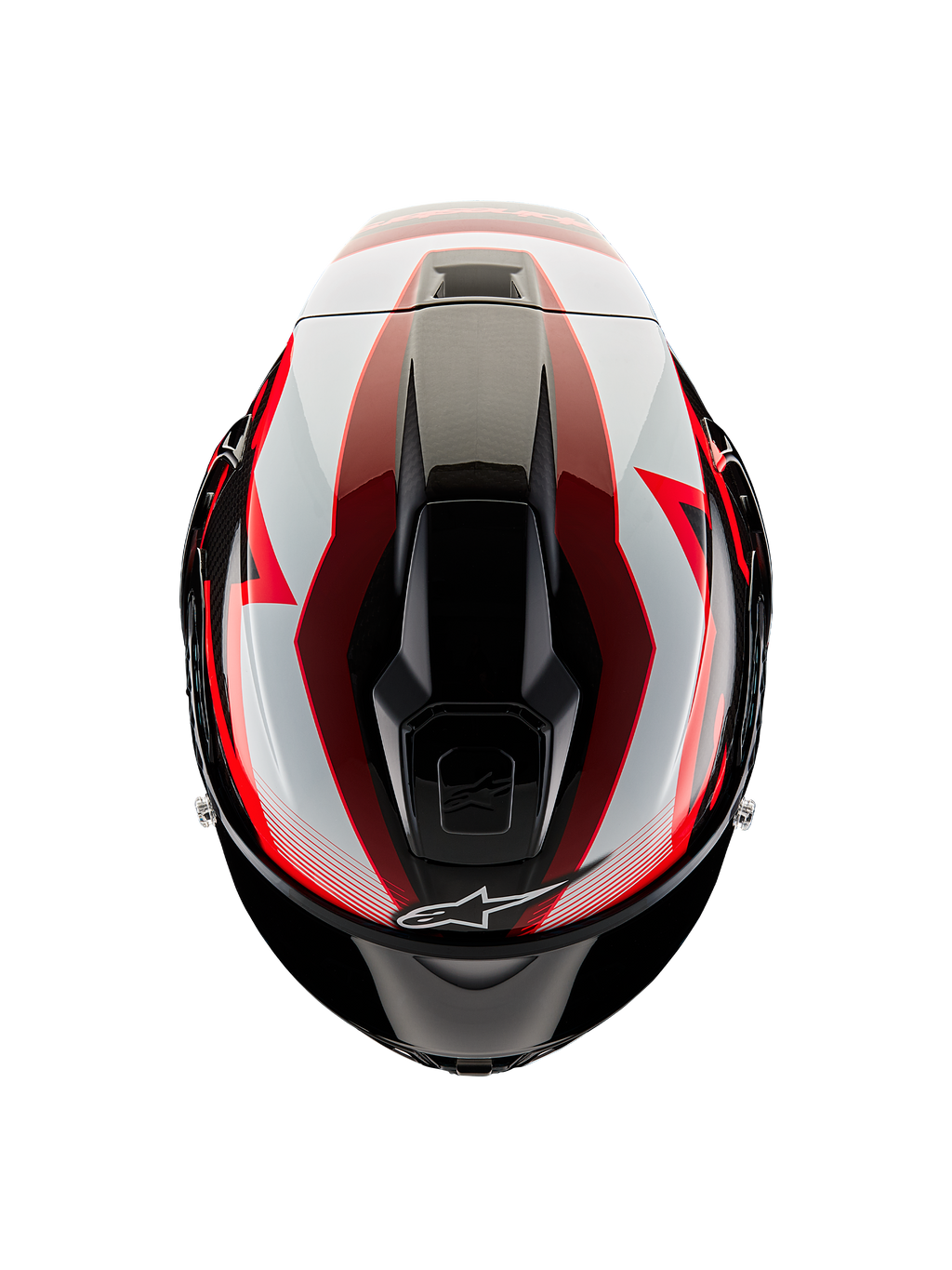 Kask Alpinestars Supertech R10 Team, widok z góry, kolor czarny karbon, czerwony i biały z połyskiem, aerodynamiczna skorupa z centralnymi otworami wentylacyjnymi i wyrazistą wyścigową grafiką, profesjonalny sportowy kask motocyklowy