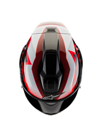 Kask Alpinestars Supertech R10 Team, widok z góry, kolor czarny karbon, czerwony i biały z połyskiem, aerodynamiczna skorupa z centralnymi otworami wentylacyjnymi i wyrazistą wyścigową grafiką, profesjonalny sportowy kask motocyklowy