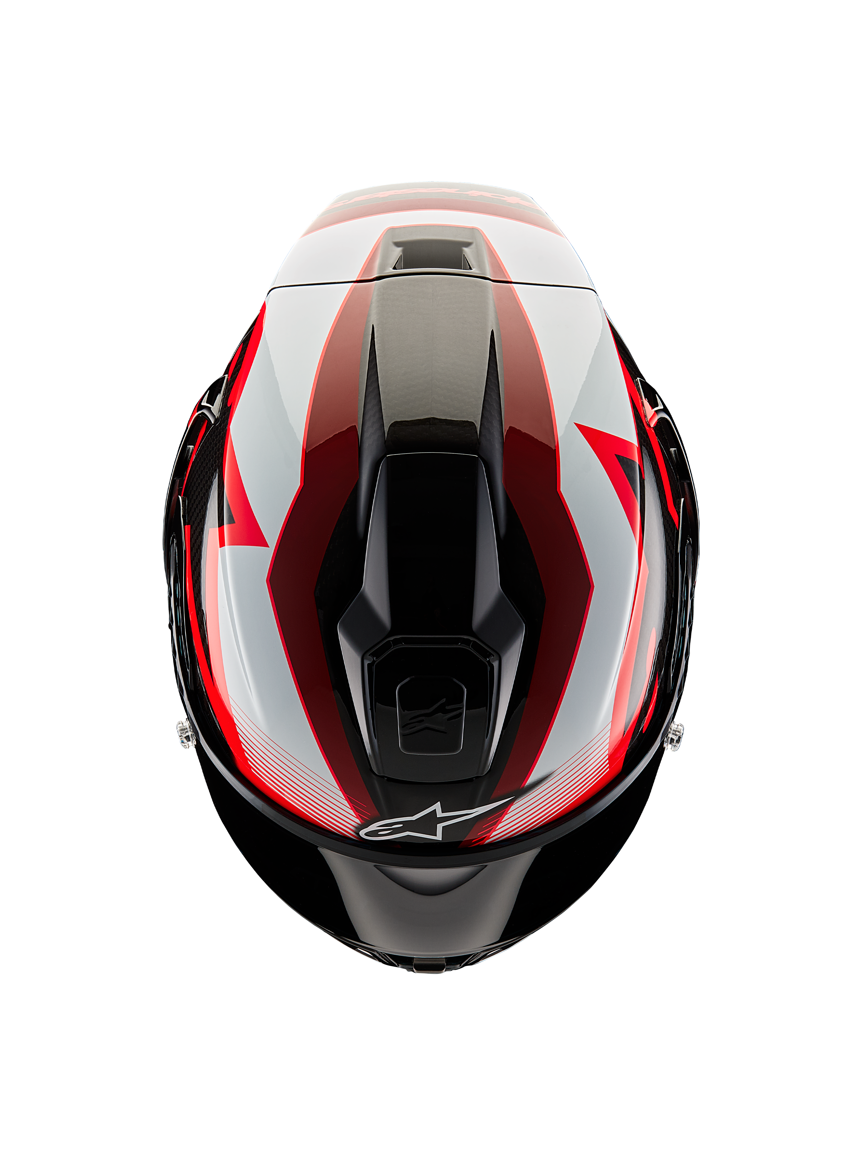 Kask Alpinestars Supertech R10 Team, widok z góry, kolor czarny karbon, czerwony i biały z połyskiem, aerodynamiczna skorupa z centralnymi otworami wentylacyjnymi i wyrazistą wyścigową grafiką, profesjonalny sportowy kask motocyklowy