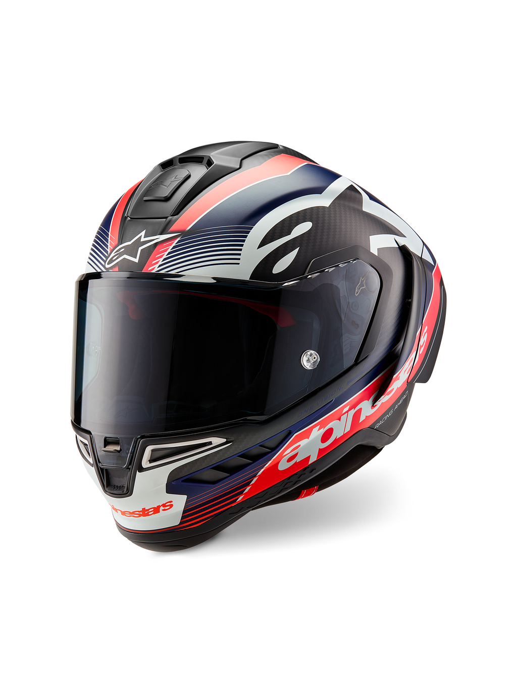 Kask Alpinestars Supertech R10 Team, czarny karbon z grafikami w kolorze czerwonym fluo i matowym niebieskim, widok z przodu pod kątem trzech czwartych, z przyciemnianym wizjerem, aerodynamiczną wyścigową skorupą i wyraźnym białym logo Alpinestars
