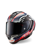 Kask Alpinestars Supertech R10 Team, czarny karbon z grafikami w kolorze czerwonym fluo i matowym niebieskim, widok z przodu pod kątem trzech czwartych, z przyciemnianym wizjerem, aerodynamiczną wyścigową skorupą i wyraźnym białym logo Alpinestars