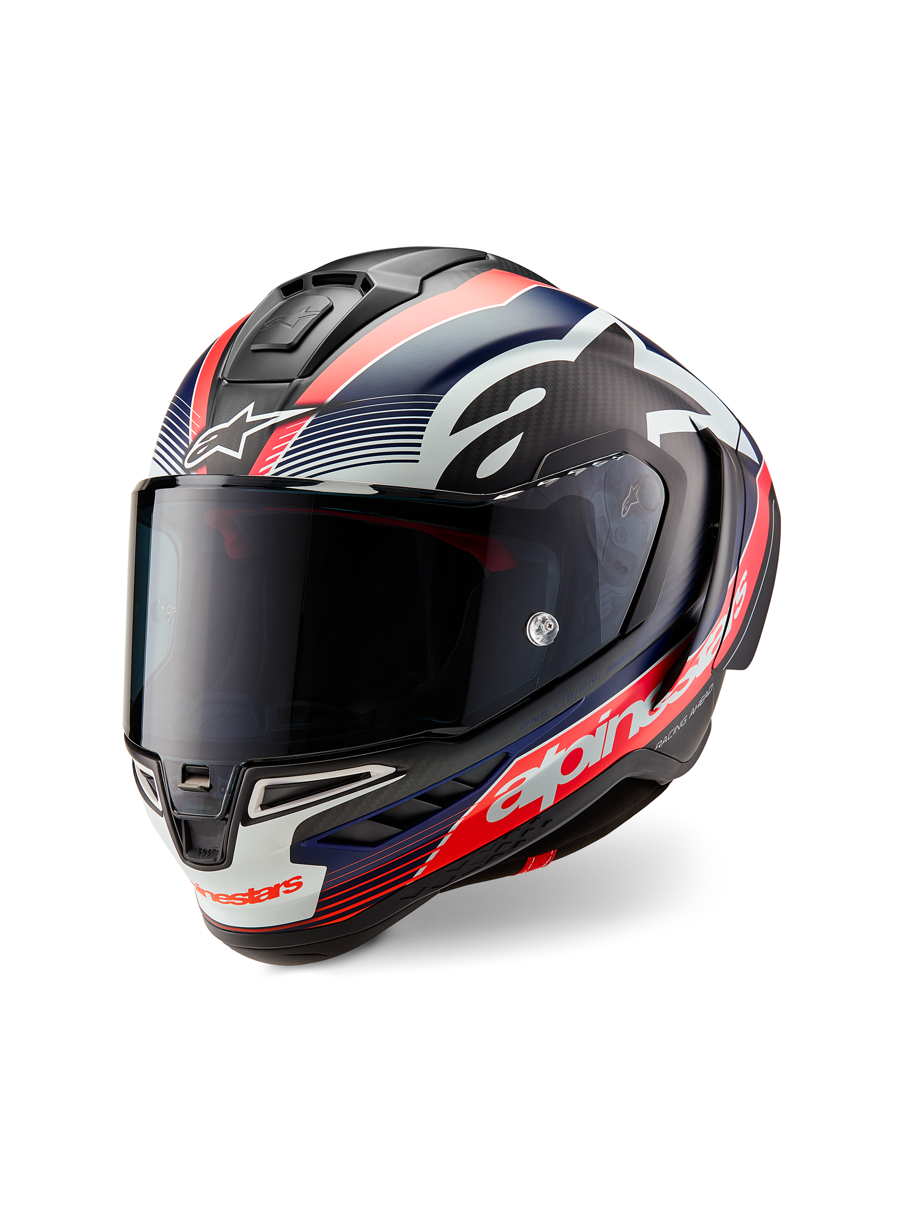 Kask Alpinestars Supertech R10 Team, czarny karbon z grafikami w kolorze czerwonym fluo i matowym niebieskim, widok z przodu pod kątem trzech czwartych, z przyciemnianym wizjerem, aerodynamiczną wyścigową skorupą i wyraźnym białym logo Alpinestars