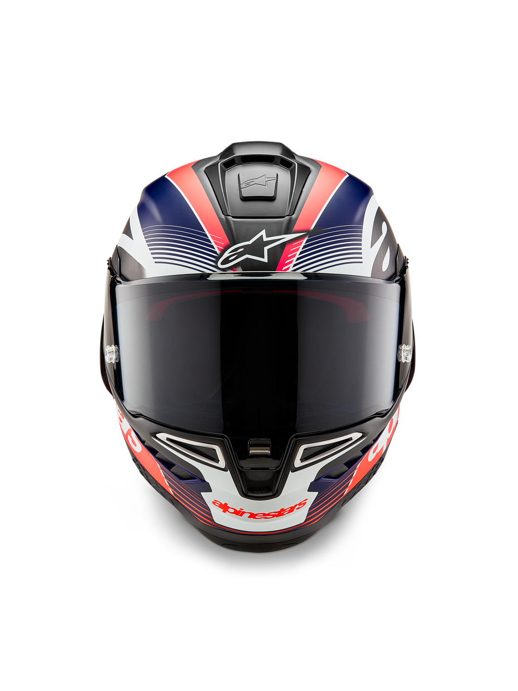 Kask Alpinestars Supertech R10 Team, motocyklowy kask wyścigowy, czarny karbon z matową niebieską i czerwoną grafiką fluo, widok z przodu z ciemną dymioną szybką, aerodynamiczny design ze zintegrowanymi otworami wentylacyjnymi, profesjonalny sprzęt wyścigowy