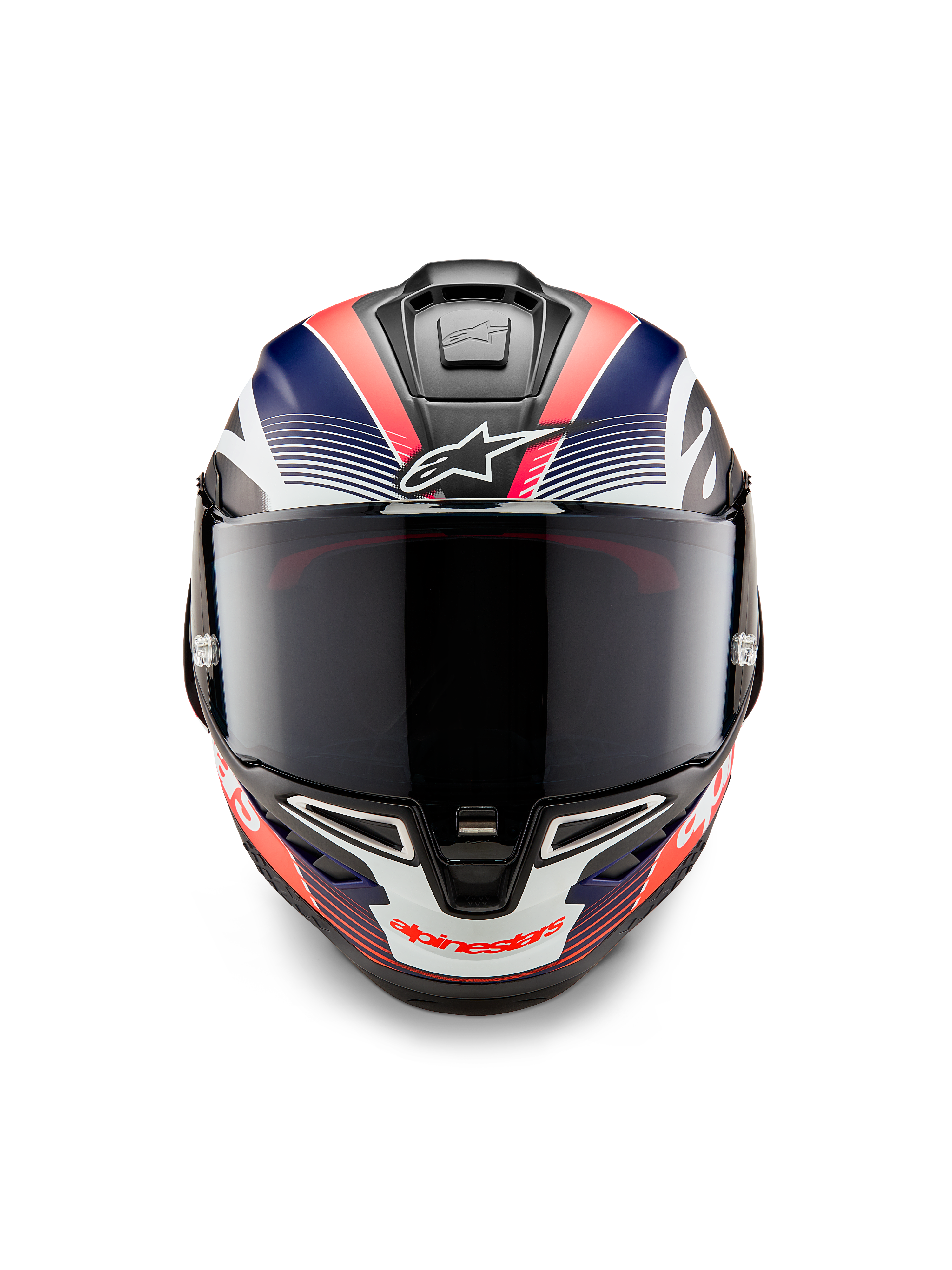 Kask Alpinestars Supertech R10 Team, motocyklowy kask wyścigowy, czarny karbon z matową niebieską i czerwoną grafiką fluo, widok z przodu z ciemną dymioną szybką, aerodynamiczny design ze zintegrowanymi otworami wentylacyjnymi, profesjonalny sprzęt wyścigowy