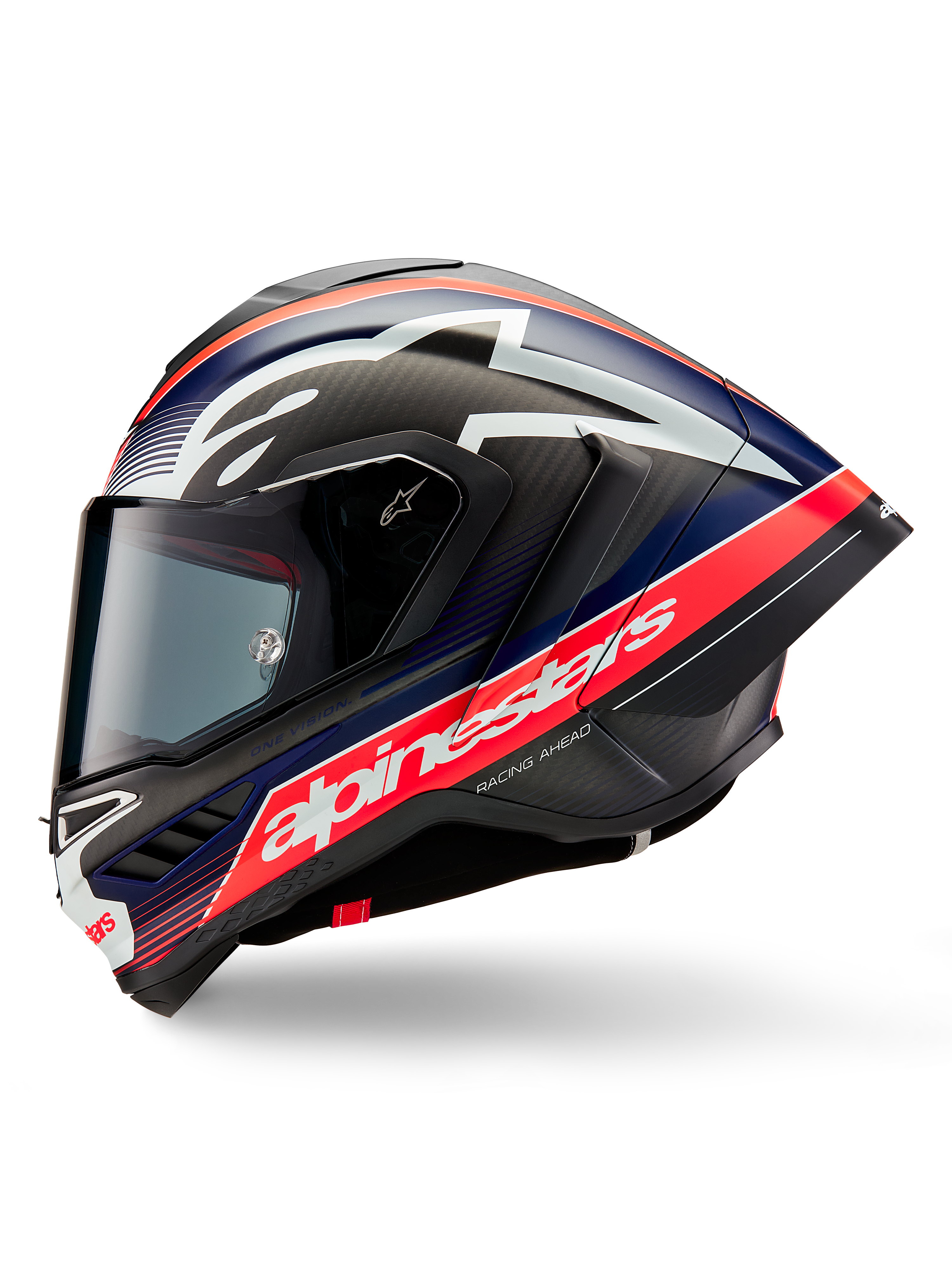 Kask Alpinestars Supertech R10 Team, widok z boku, kolorystyka Black Carbon Red Fluo i Blue Matte, duże białe logo Alpinestars na czerwonym pasie, aerodynamiczna skorupa z włókna węglowego, przyciemniany wizjer, profesjonalny motocyklowy sprzęt wyścigowy