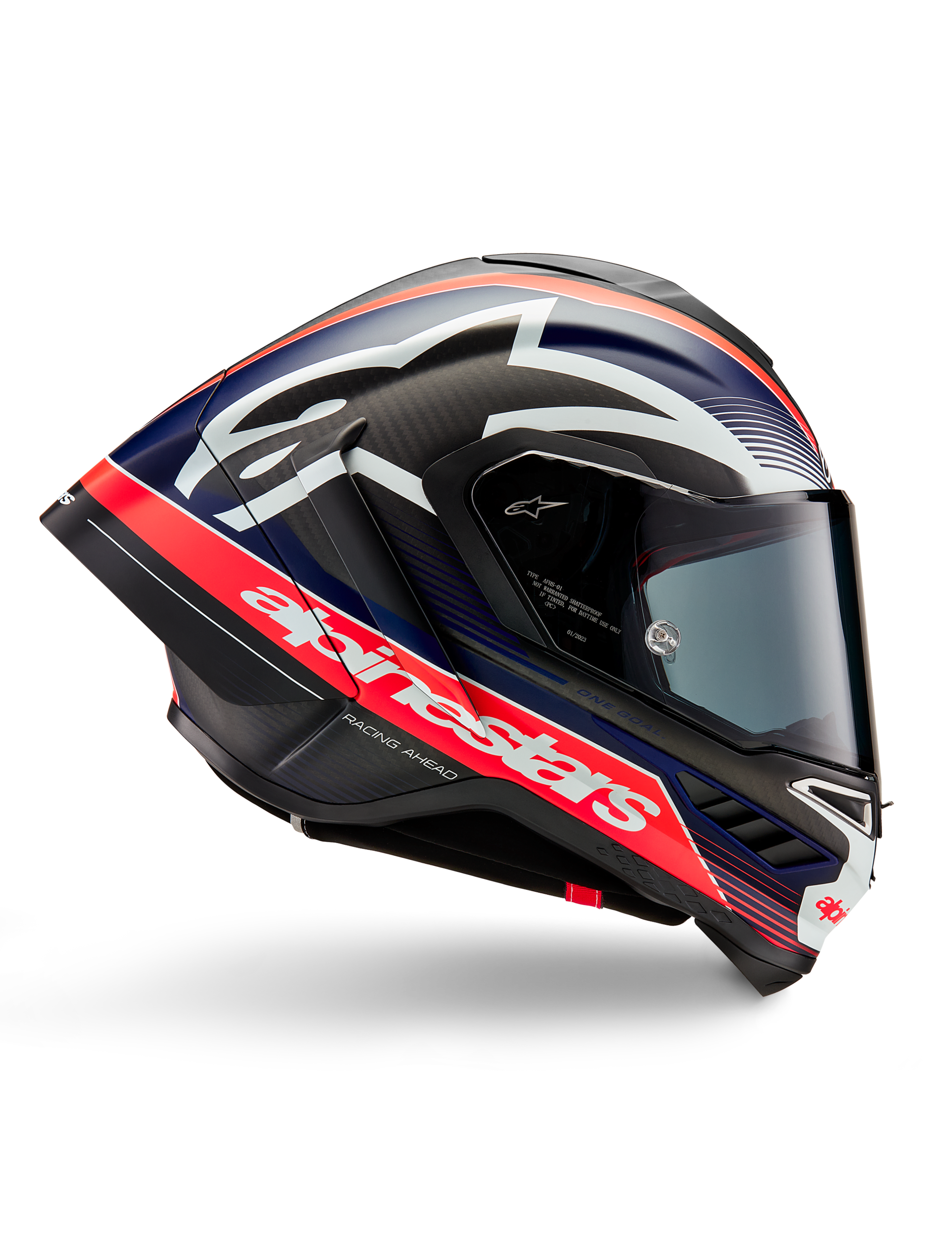 Kask Alpinestars Supertech R10 Team, kask motocyklowy wyścigowy, czarny karbon z akcentami w kolorze czerwonym fluo i matowym niebieskim, duże białe logo Alpinestars, aerodynamiczny design ze zintegrowanymi spojlerami, przezroczysty wizjer, widoczna tekstura włókna węglowego, smukły profil wyścigowy