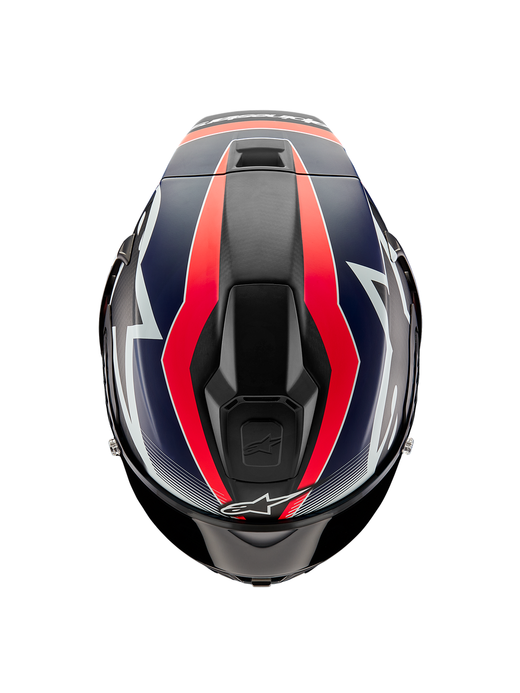 Alpinestars Supertech R10 Team Helmet, widok z góry, czarny karbon z grafikami w kolorze fluorescencyjnej czerwieni i matowego niebieskiego, aerodynamiczna skorupa z górnymi otworami wentylacyjnymi i wyścigowymi akcentami
