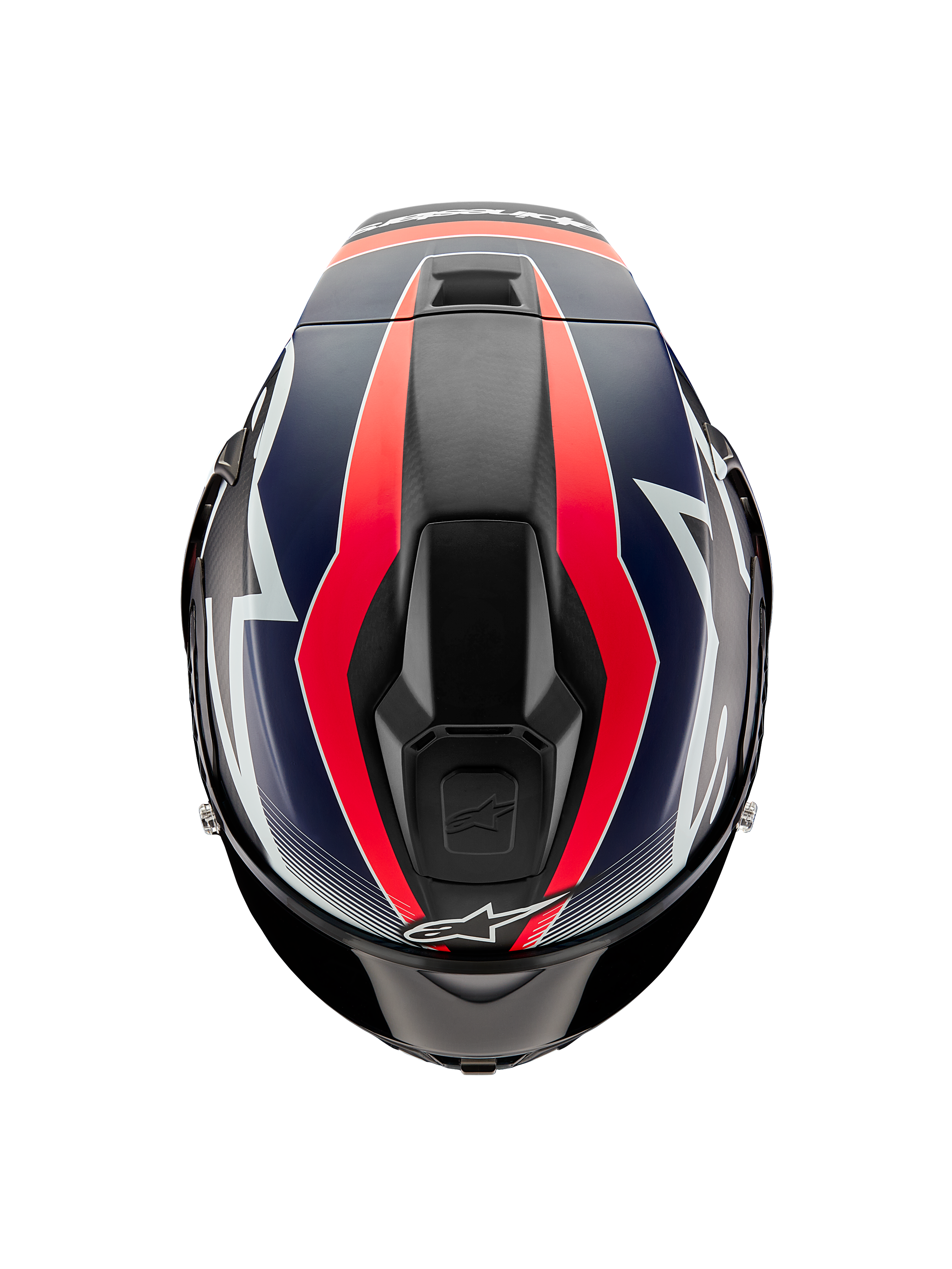 Alpinestars Supertech R10 Team Helmet, widok z góry, czarny karbon z grafikami w kolorze fluorescencyjnej czerwieni i matowego niebieskiego, aerodynamiczna skorupa z górnymi otworami wentylacyjnymi i wyścigowymi akcentami