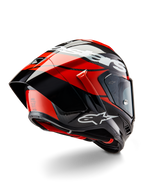 Kask Alpinestars Supertech R10 Element, czarny karbon, intensywna czerwień i biały połysk, widok z tyłu pod kątem trzech czwartych pokazujący duży spojler aerodynamiczny i skorupę z włókna węglowego, z wyraźnymi logotypami Alpinestars i certyfikatem DOT