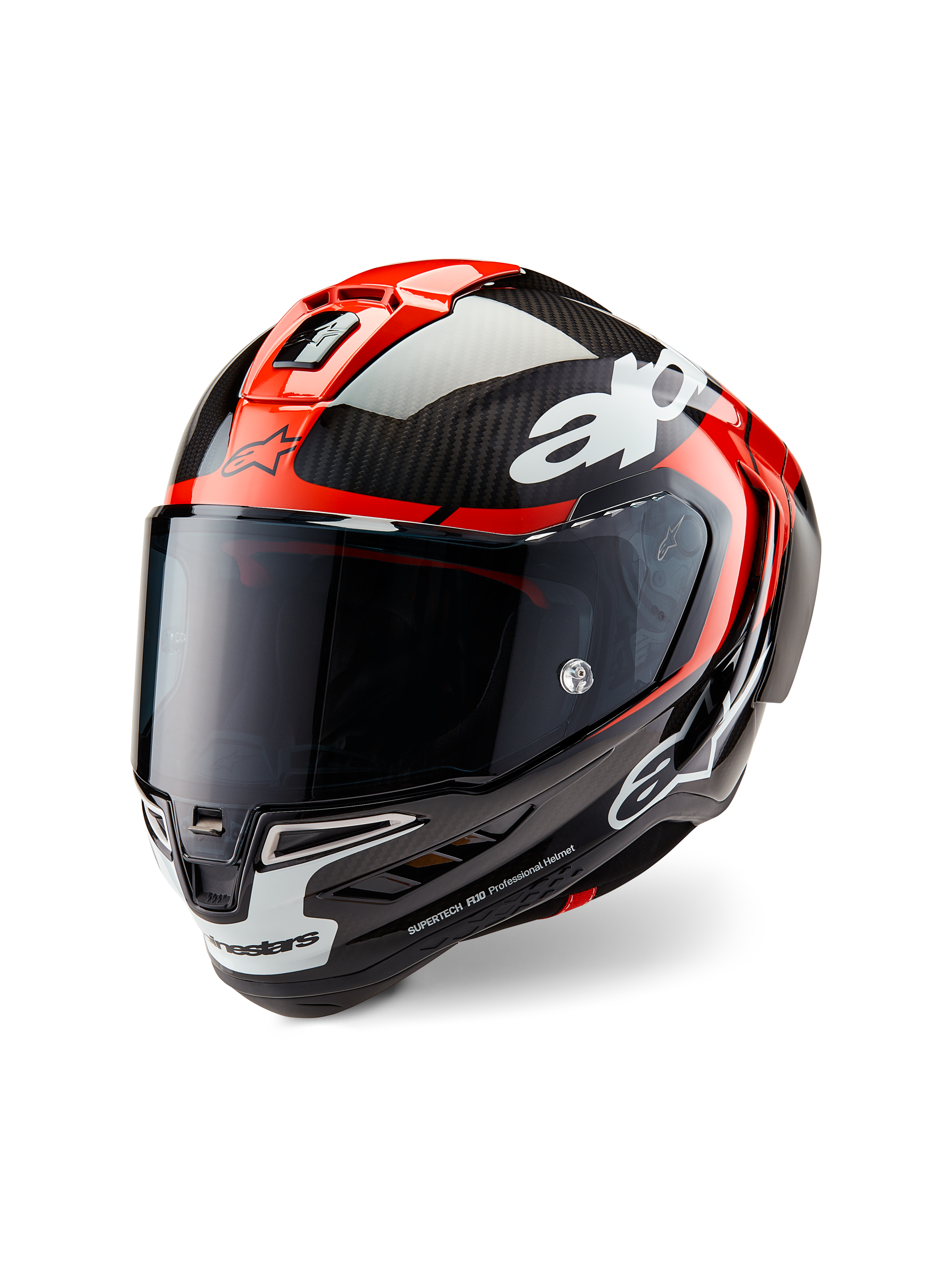 Kask Alpinestars Supertech R10 Element, wyścigowy kask motocyklowy, czarny karbon, jaskrawoczerwony i biały z połyskiem, widok pod kątem 3/4 z przodu z ciemnym przyciemnianym wizjerem, posiada skorupę z błyszczącego włókna węglowego, czerwone górne otwory wentylacyjne, białe akcenty na podbródku i wyraźne logo Alpinestars, zaprojektowany pod kątem aerodynamicznej wydajności wyścigowej.