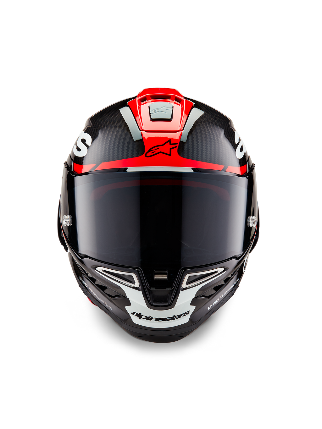 Kask Alpinestars Supertech R10 Element, czarny karbon z jaskrawoczerwoną i białą połyskującą grafiką, widok z przodu z ciemnym wizjerem, widoczną teksturą włókna węglowego i zintegrowaną wentylacją, profesjonalny kask motocyklowy klasy wyścigowej