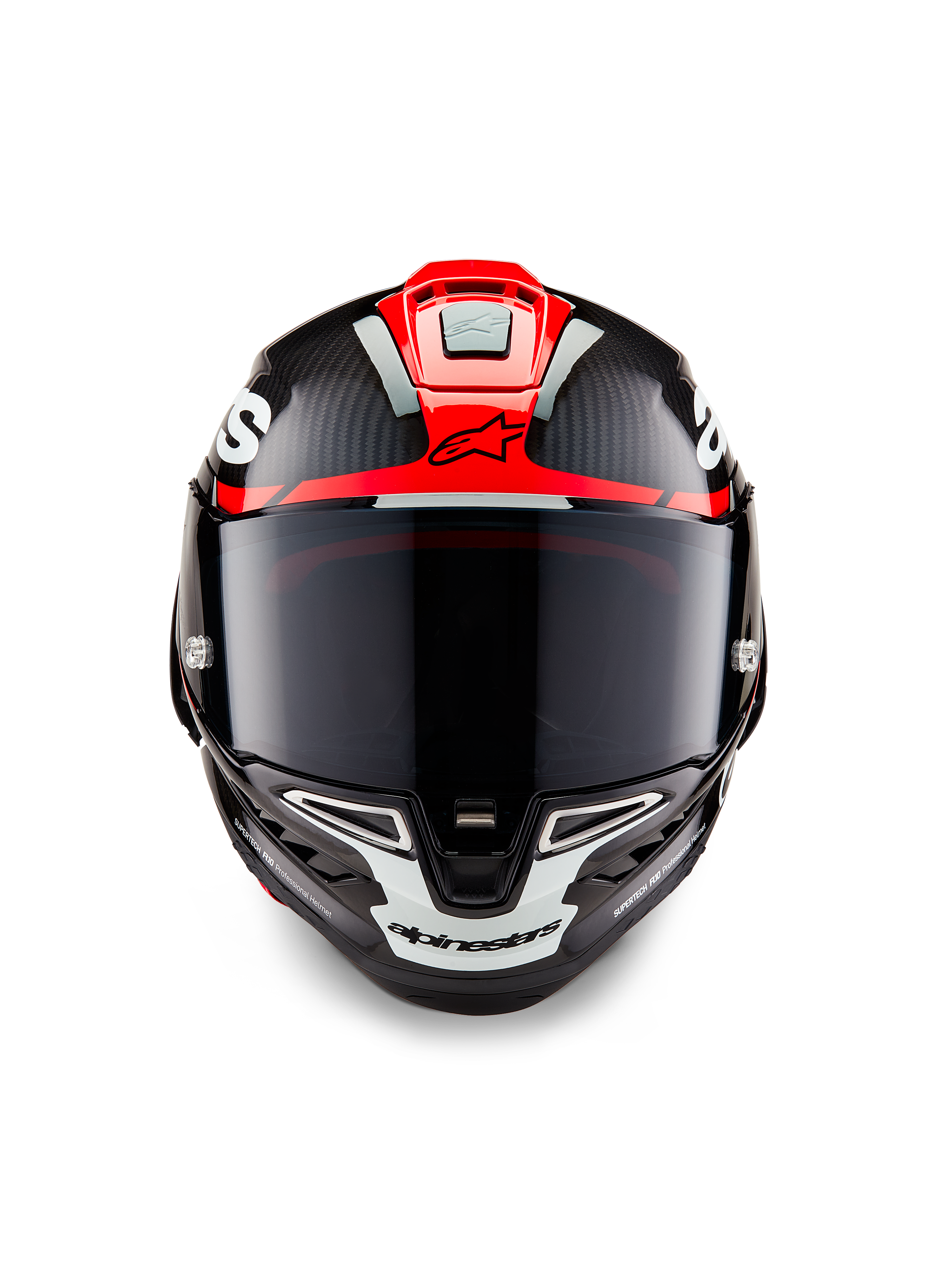 Kask Alpinestars Supertech R10 Element, czarny karbon z jaskrawoczerwoną i białą połyskującą grafiką, widok z przodu z ciemnym wizjerem, widoczną teksturą włókna węglowego i zintegrowaną wentylacją, profesjonalny kask motocyklowy klasy wyścigowej