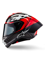 Kask Alpinestars Supertech R10 Element, kask wyścigowy, czarny karbonowy, jaskrawoczerwony i biały błyszczący, widok z boku ukazujący aerodynamiczną skorupę z włókna węglowego z widocznym splotem, białe logo Alpinestars oraz zintegrowany tylny spojler
