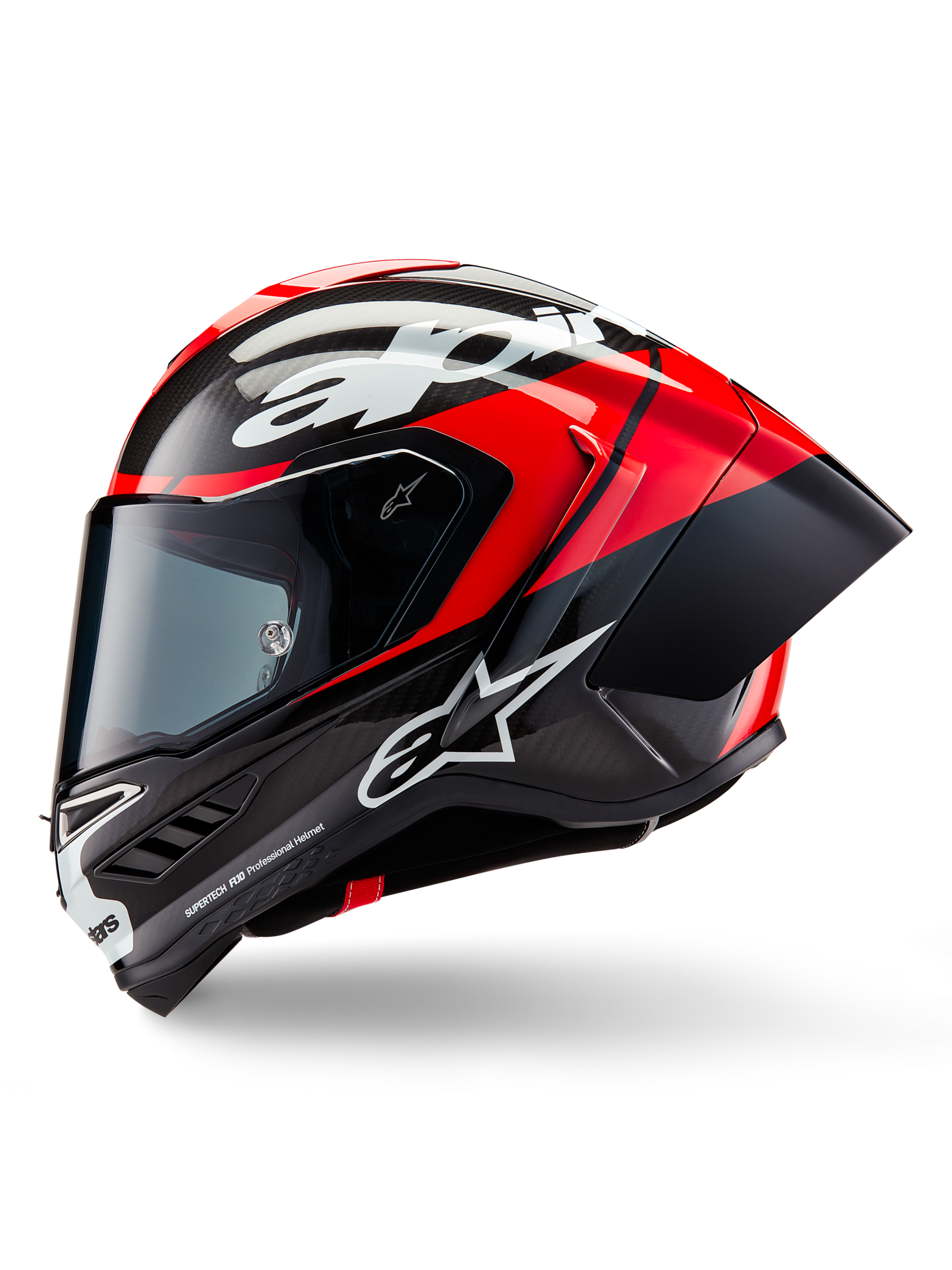 Kask Alpinestars Supertech R10 Element, kask wyścigowy, czarny karbonowy, jaskrawoczerwony i biały błyszczący, widok z boku ukazujący aerodynamiczną skorupę z włókna węglowego z widocznym splotem, białe logo Alpinestars oraz zintegrowany tylny spojler