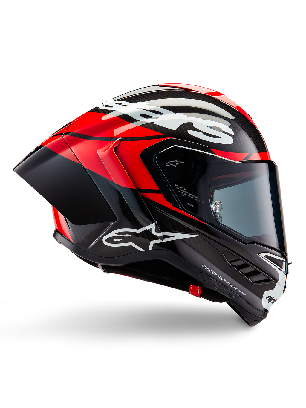 Kask Alpinestars Supertech R10 Element, pełny kask motocyklowy wyścigowy, czarny karbon z jaskrawoczerwonymi i białymi akcentami, profil boczny ukazujący aerodynamiczną skorupę z włókna węglowego, błyszczące wykończenie z białym logo, przyciemniany wizjer, profesjonalna ochrona wyścigowa