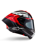 Kask Alpinestars Supertech R10 Element, pełny kask motocyklowy wyścigowy, czarny karbon z jaskrawoczerwonymi i białymi akcentami, profil boczny ukazujący aerodynamiczną skorupę z włókna węglowego, błyszczące wykończenie z białym logo, przyciemniany wizjer, profesjonalna ochrona wyścigowa