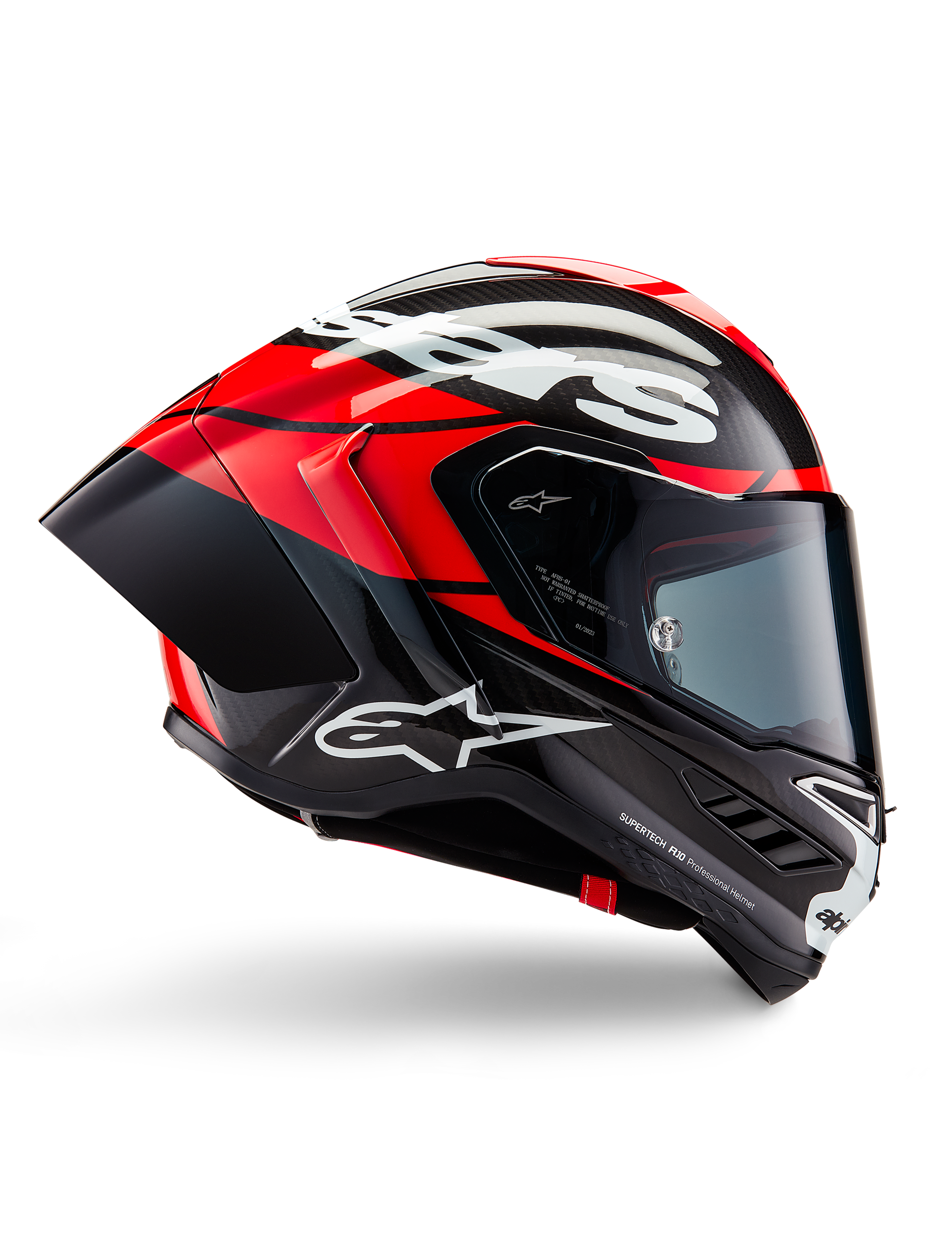 Kask Alpinestars Supertech R10 Element, pełny kask motocyklowy wyścigowy, czarny karbon z jaskrawoczerwonymi i białymi akcentami, profil boczny ukazujący aerodynamiczną skorupę z włókna węglowego, błyszczące wykończenie z białym logo, przyciemniany wizjer, profesjonalna ochrona wyścigowa