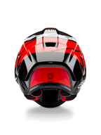 Kask Alpinestars Supertech R10 Element, widok z tyłu, czarny karbon z jaskrawoczerwonymi i białymi błyszczącymi akcentami, aerodynamiczny tylny spojler, otwory wentylacyjne i certyfikat DOT, wyścigowy design z detalami z włókna węglowego