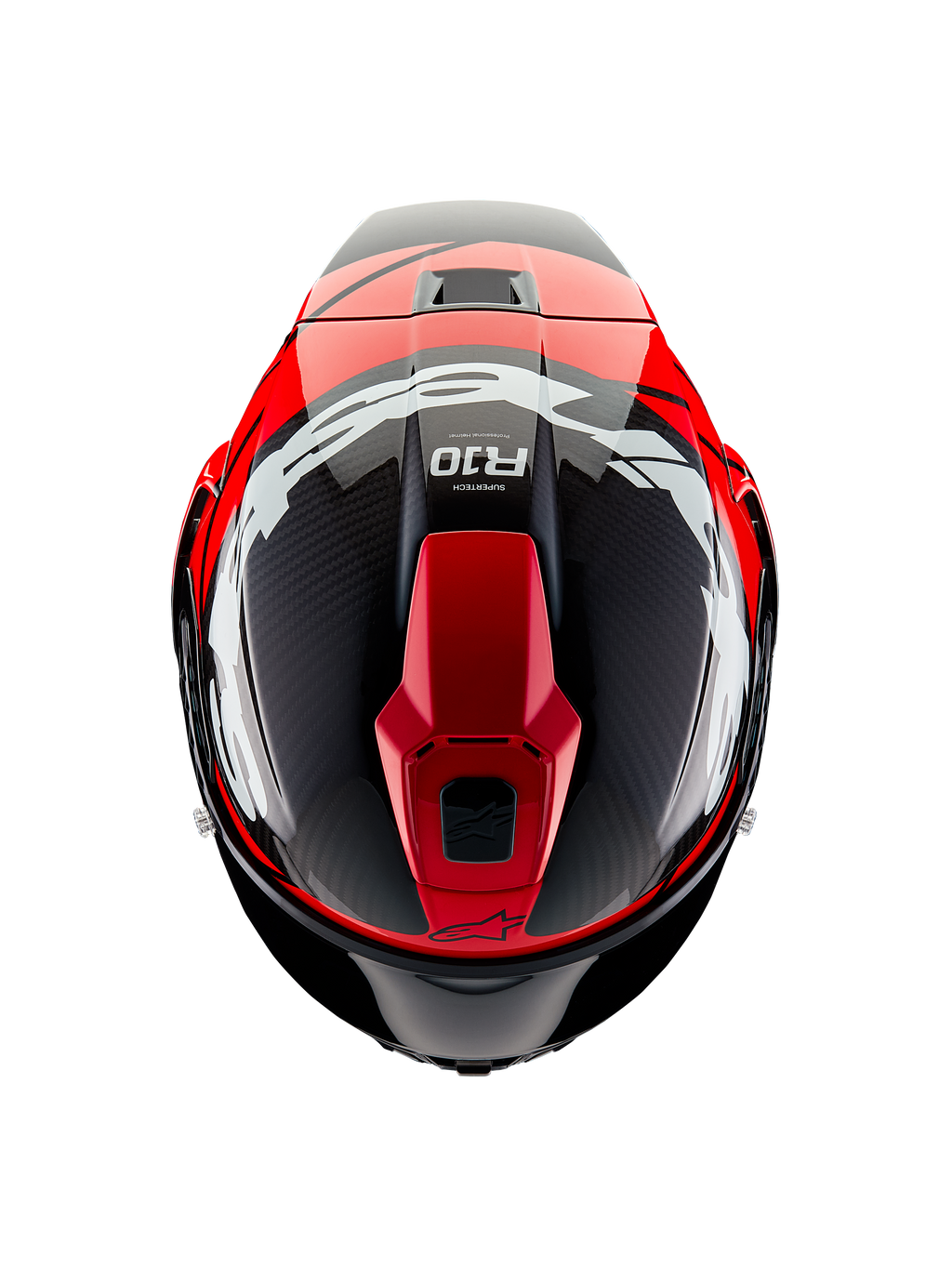 Kask Alpinestars Supertech R10 Element, widok z góry, czarny karbon z jaskrawoczerwoną i białą błyszczącą grafiką, aerodynamiczny kask wyścigowy z dużym białym logo i widocznym splotem włókna węglowego