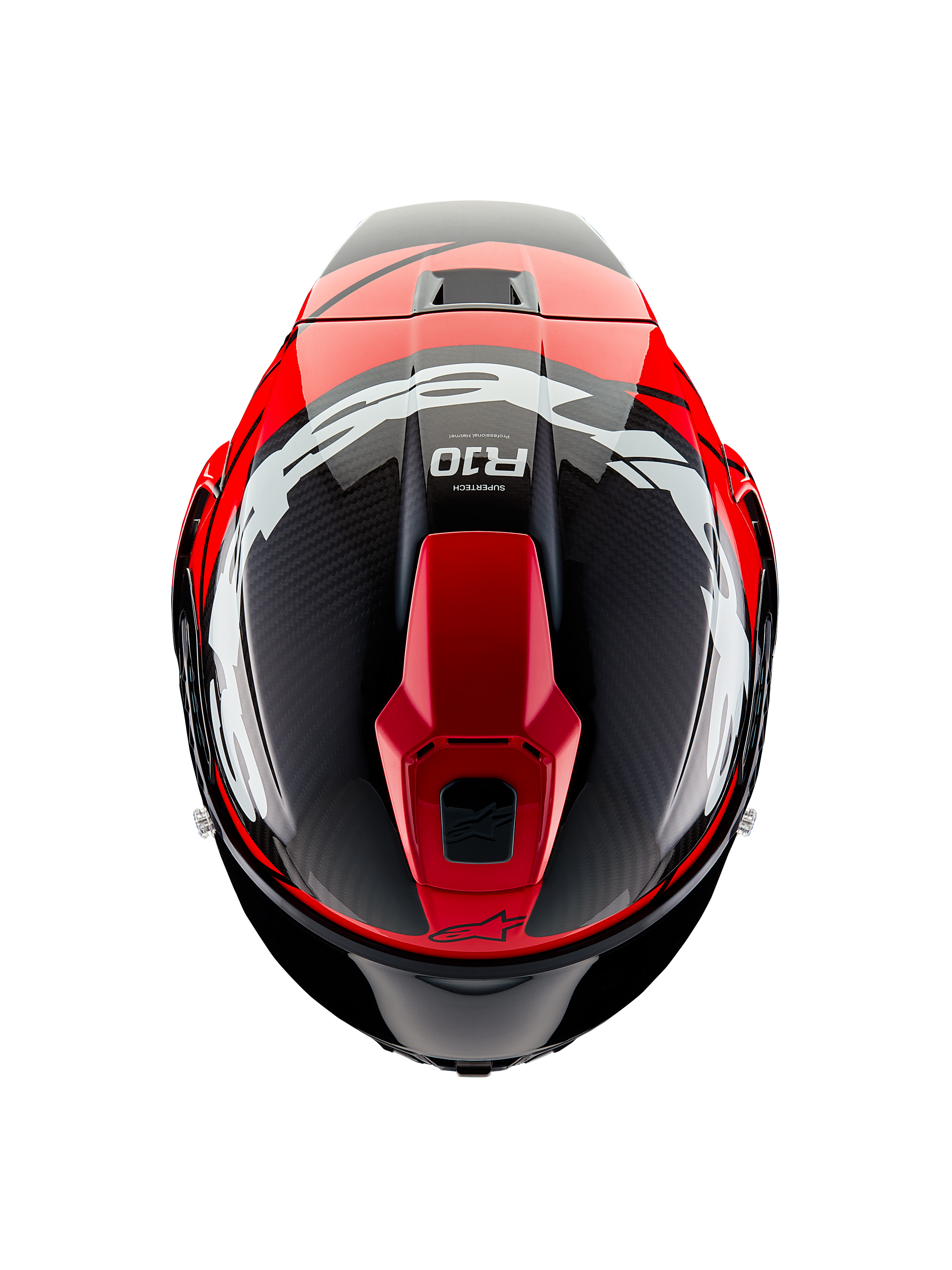 Kask Alpinestars Supertech R10 Element, widok z góry, czarny karbon z jaskrawoczerwoną i białą błyszczącą grafiką, aerodynamiczny kask wyścigowy z dużym białym logo i widocznym splotem włókna węglowego