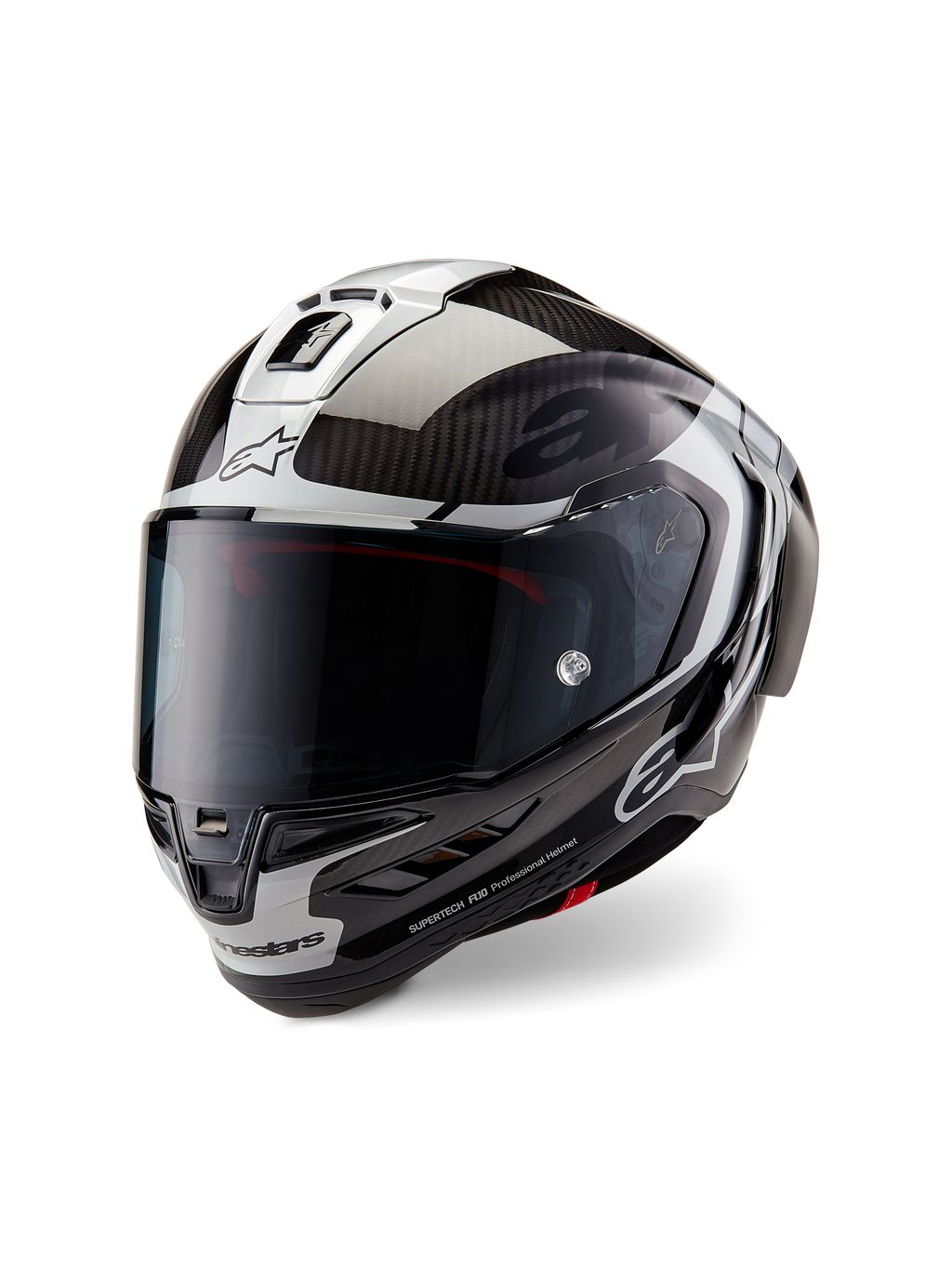 Kask Alpinestars Supertech R10 Element, pełny kask motocyklowy wyścigowy, czarny karbon, srebrny i błyszczący czarny, z przyciemnianym wizjerem, aerodynamiczną skorupą z włókna węglowego i logo Alpinestars