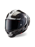 Kask Alpinestars Supertech R10 Element, pełny kask motocyklowy wyścigowy, czarny karbon, srebrny i błyszczący czarny, z przyciemnianym wizjerem, aerodynamiczną skorupą z włókna węglowego i logo Alpinestars