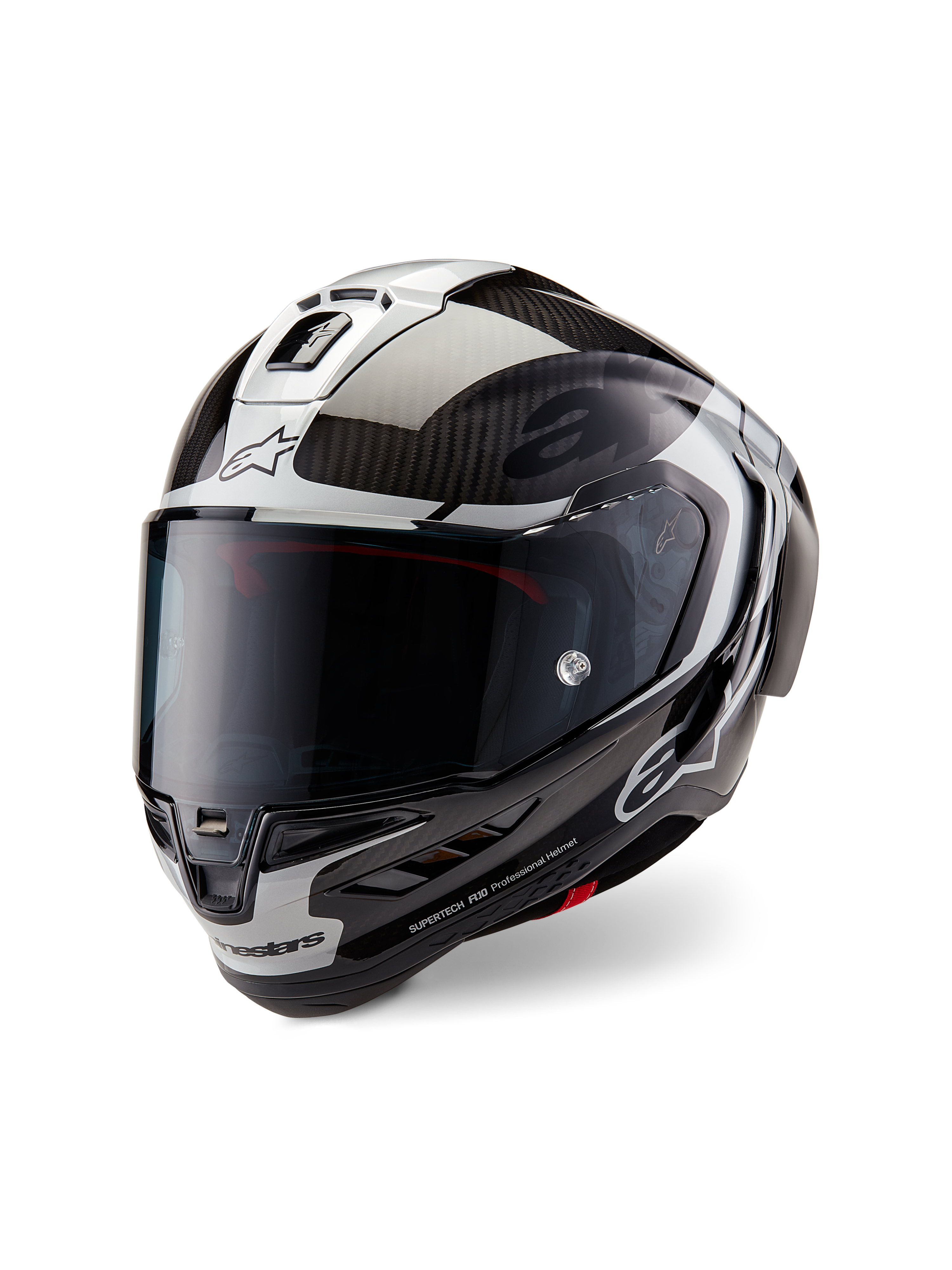 Kask Alpinestars Supertech R10 Element, pełny kask motocyklowy wyścigowy, czarny karbon, srebrny i błyszczący czarny, z przyciemnianym wizjerem, aerodynamiczną skorupą z włókna węglowego i logo Alpinestars