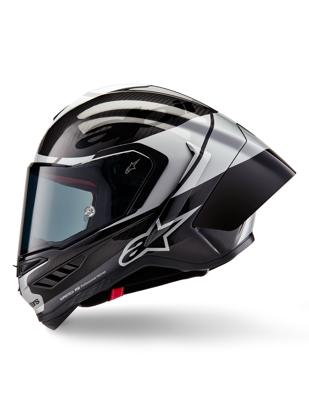 Kask Alpinestars Supertech R10 Element, motocyklowy kask wyścigowy, czarny karbon, srebrny i czarny połysk, widok z profilu bocznego ukazujący splot włókna węglowego i aerodynamiczny tylny spojler, smukły design z logo Alpinestars i profesjonalnym wyścigowym wykończeniem
