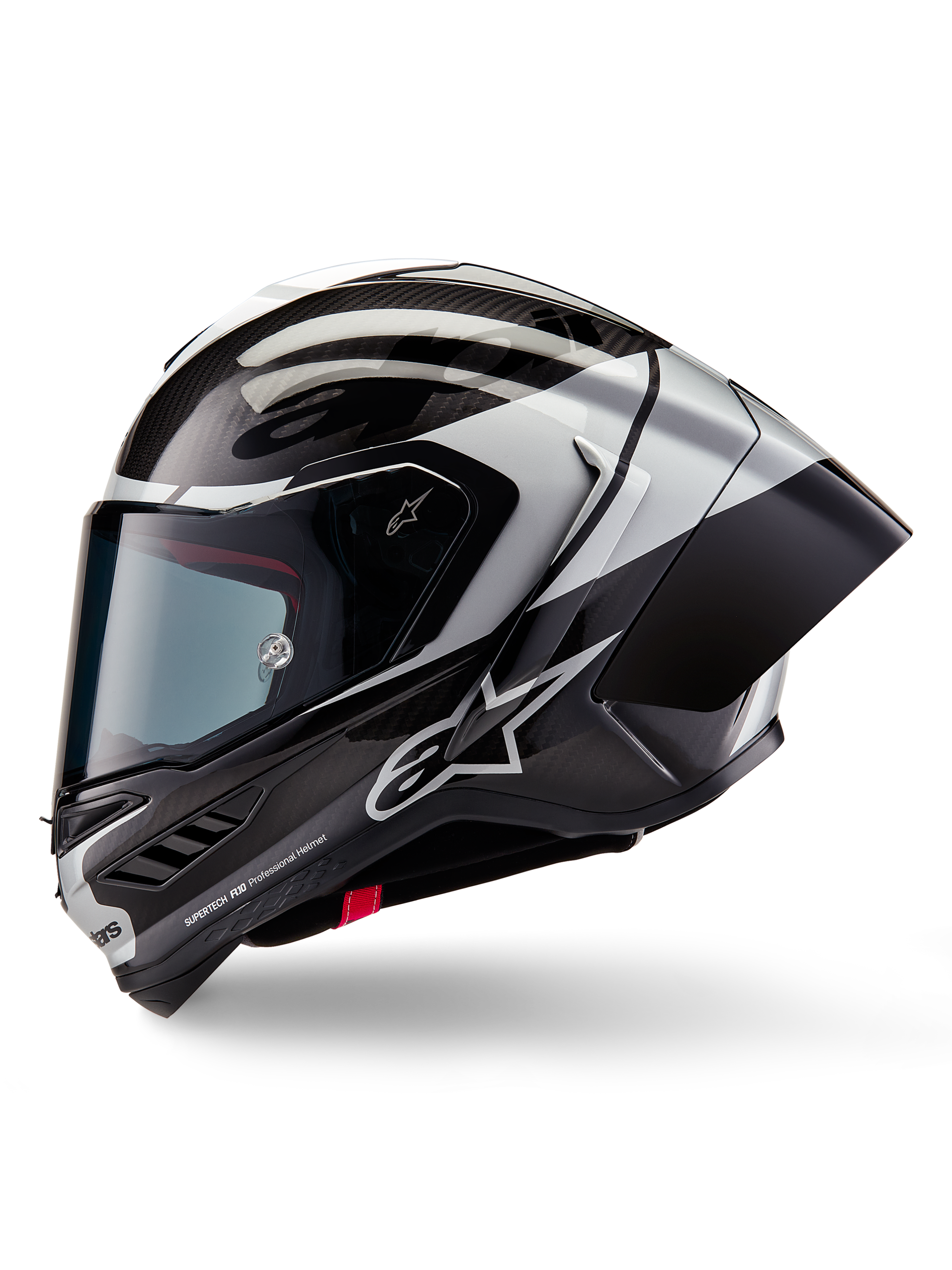 Kask Alpinestars Supertech R10 Element, motocyklowy kask wyścigowy, czarny karbon, srebrny i czarny połysk, widok z profilu bocznego ukazujący splot włókna węglowego i aerodynamiczny tylny spojler, smukły design z logo Alpinestars i profesjonalnym wyścigowym wykończeniem