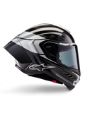Kask Alpinestars Supertech R10 Element, integralny kask wyścigowy, wykończenie Black Carbon, srebrne i czarne z połyskiem, widok z boku z aerodynamiczną skorupą z włókna węglowego, przezroczystym wizjerem i wyraźnym logo Alpinestars