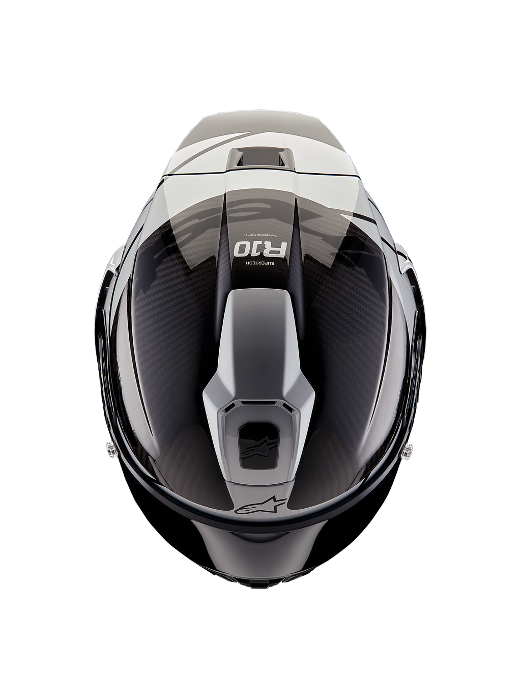 Kask Alpinestars Supertech R10 Element, widok z góry, czarny karbon i srebrny, błyszczące wykończenie z widocznym splotem włókna węglowego, aerodynamiczna struktura wentylacyjna, logo R10 i logo Alpinestars, profesjonalny wyścigowy kask motocyklowy